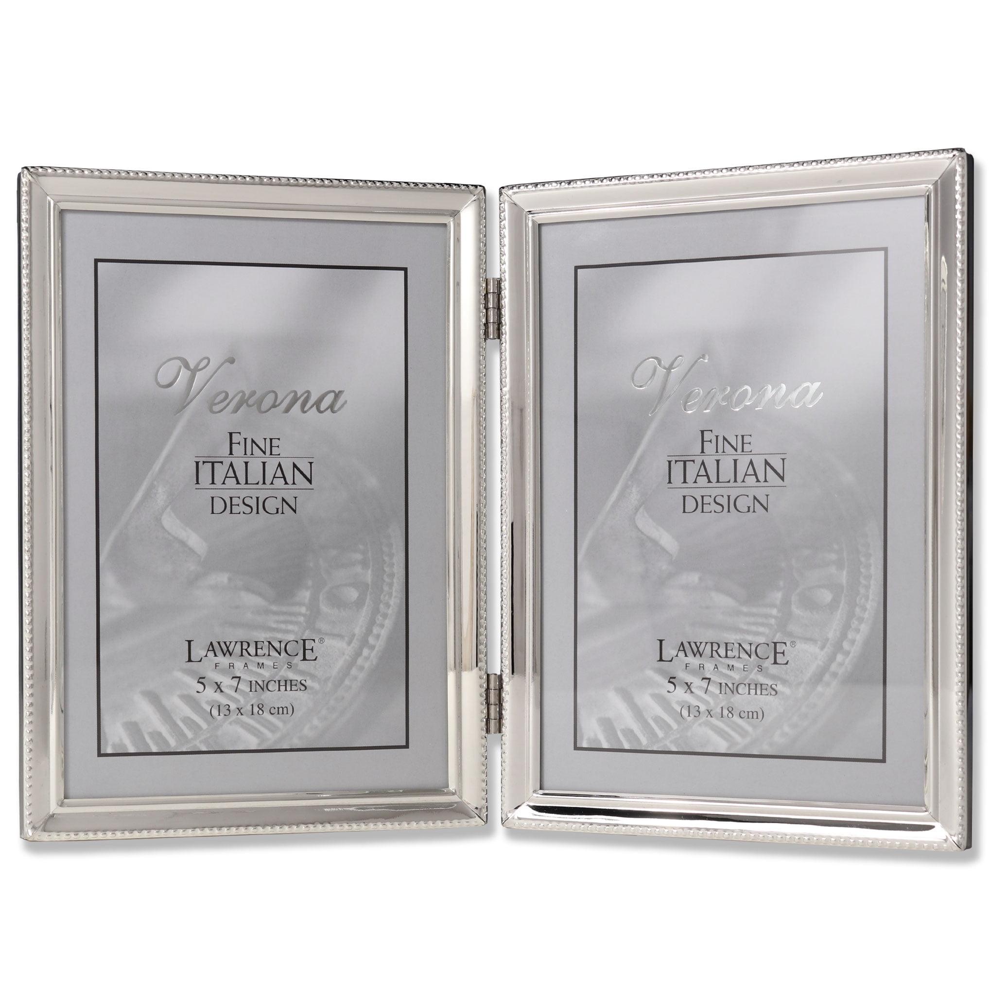 Elegant Polished Silver 5x7 Hinged Double Picture Frame with Bead Border