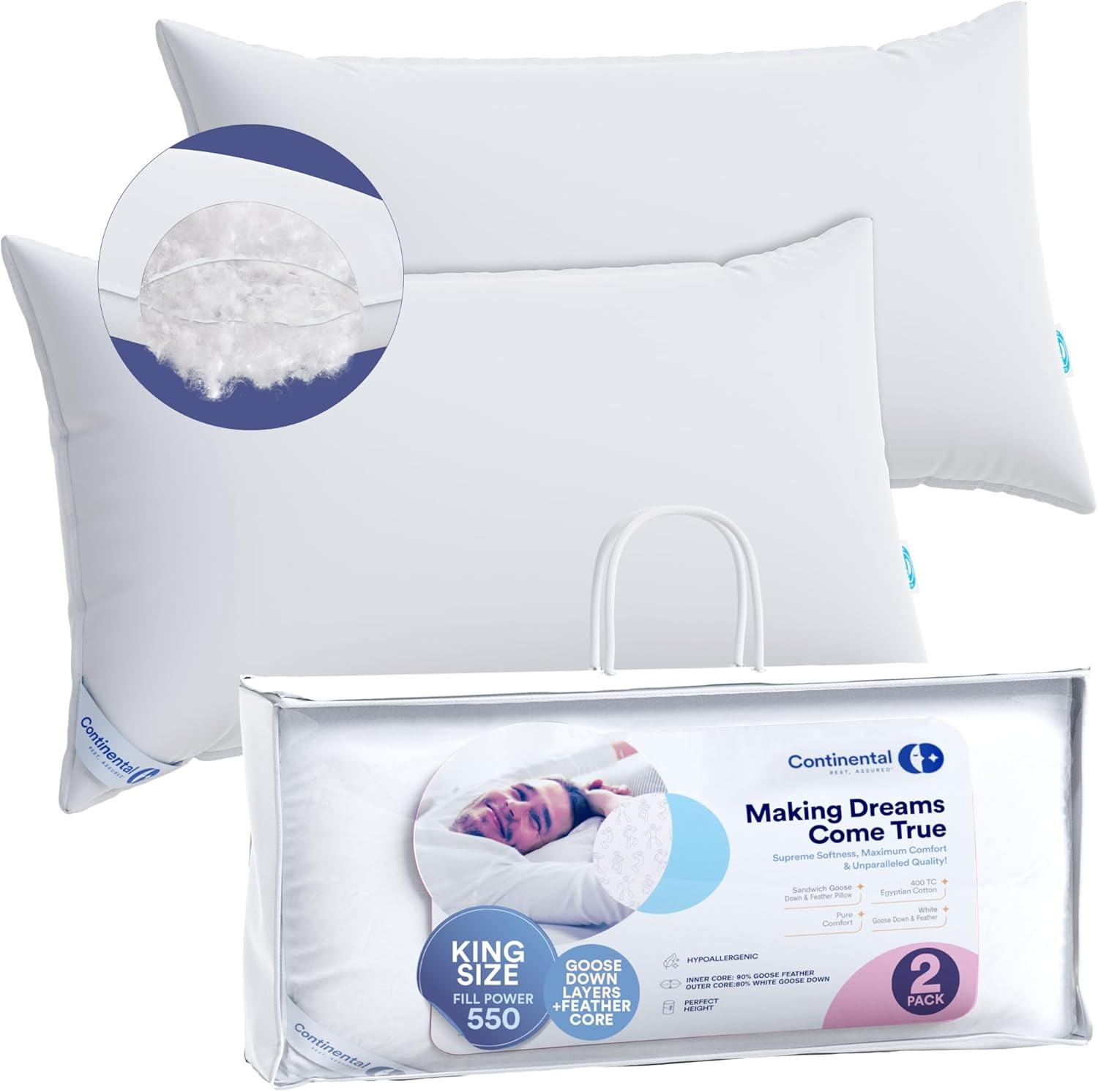 ContinentalBedding Continental Bedding 2 Luxury Down Medium Firmness Pillows Breathable Bed Pillows For Sleeping (Set of 2)