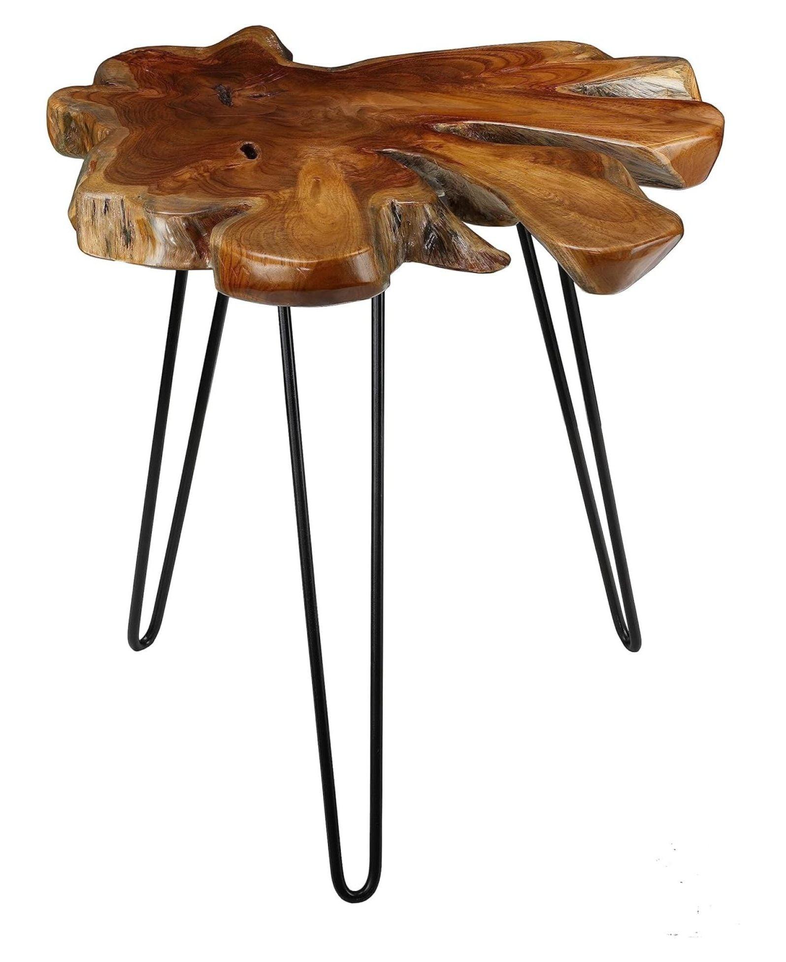 Evan Rustic Teak Wood & Black Metal Hairpin Accent Table