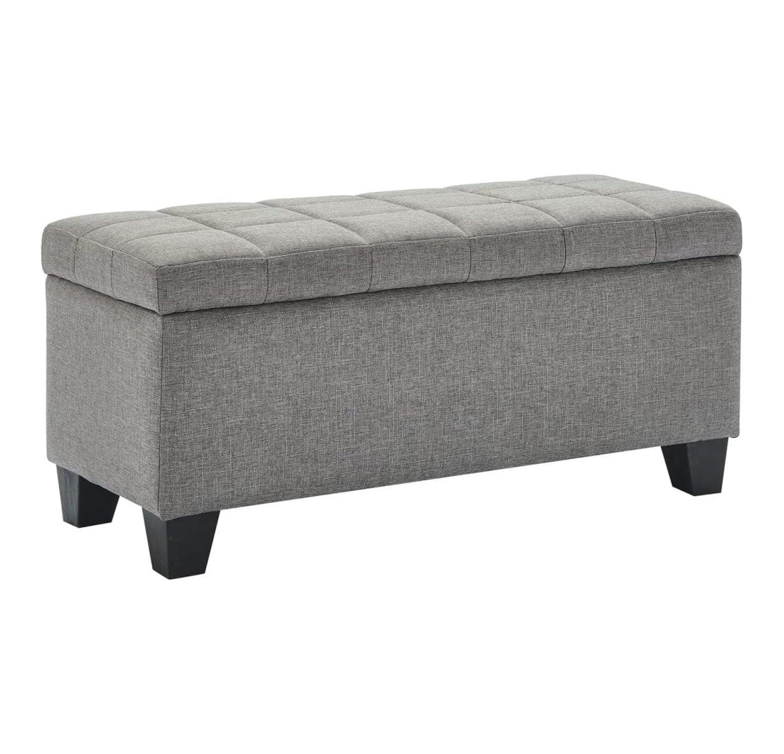 Plush Grey Tufted Upholstered Storage Ottoman, 35.5" x 16.5"