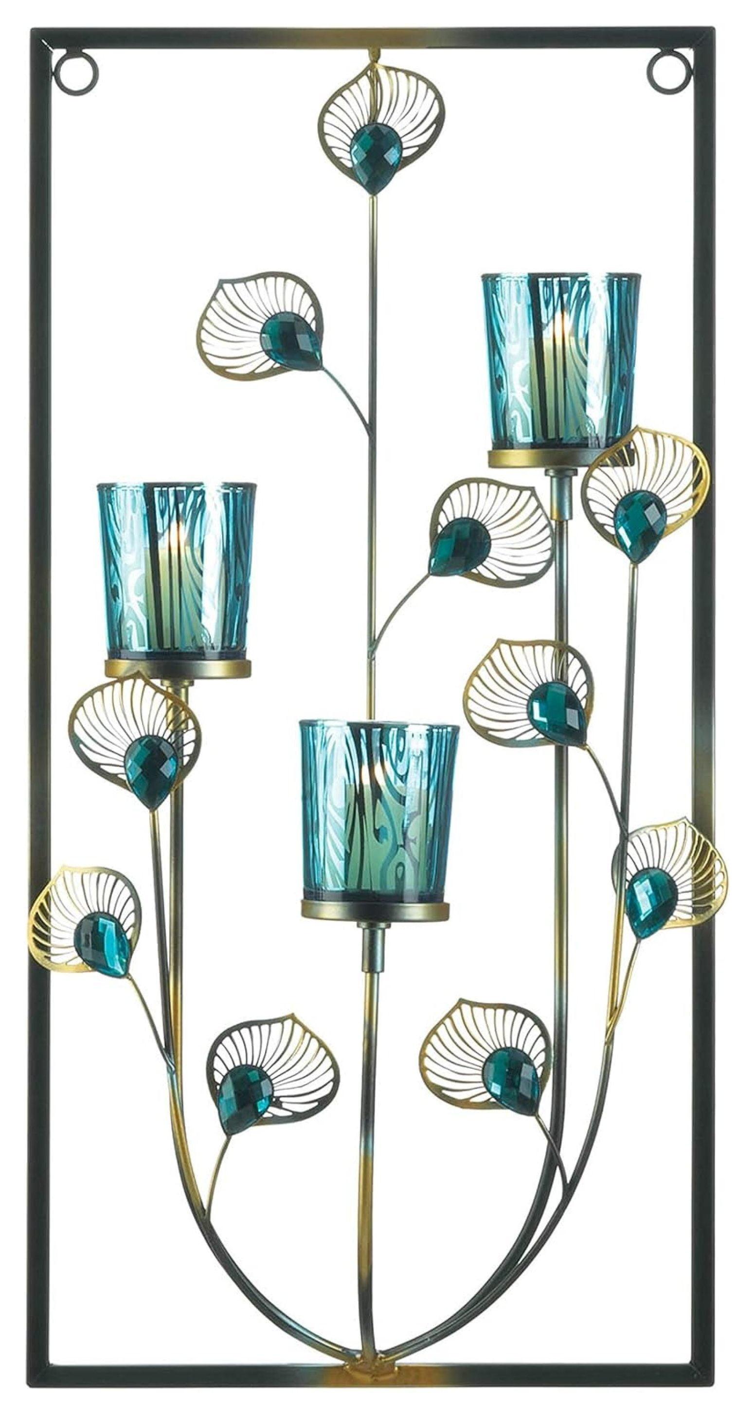 Peacock Feather Iron and Turquoise Glass Triple Candle Wall Sconce