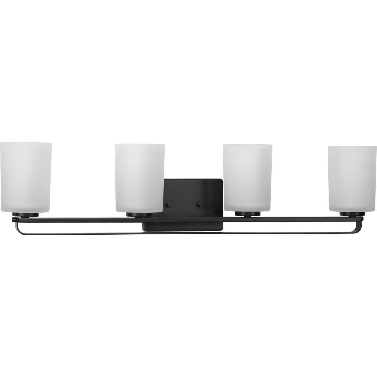 Matte Black Steel Four-Light Bath Vanity Light with Etched Glass Shades