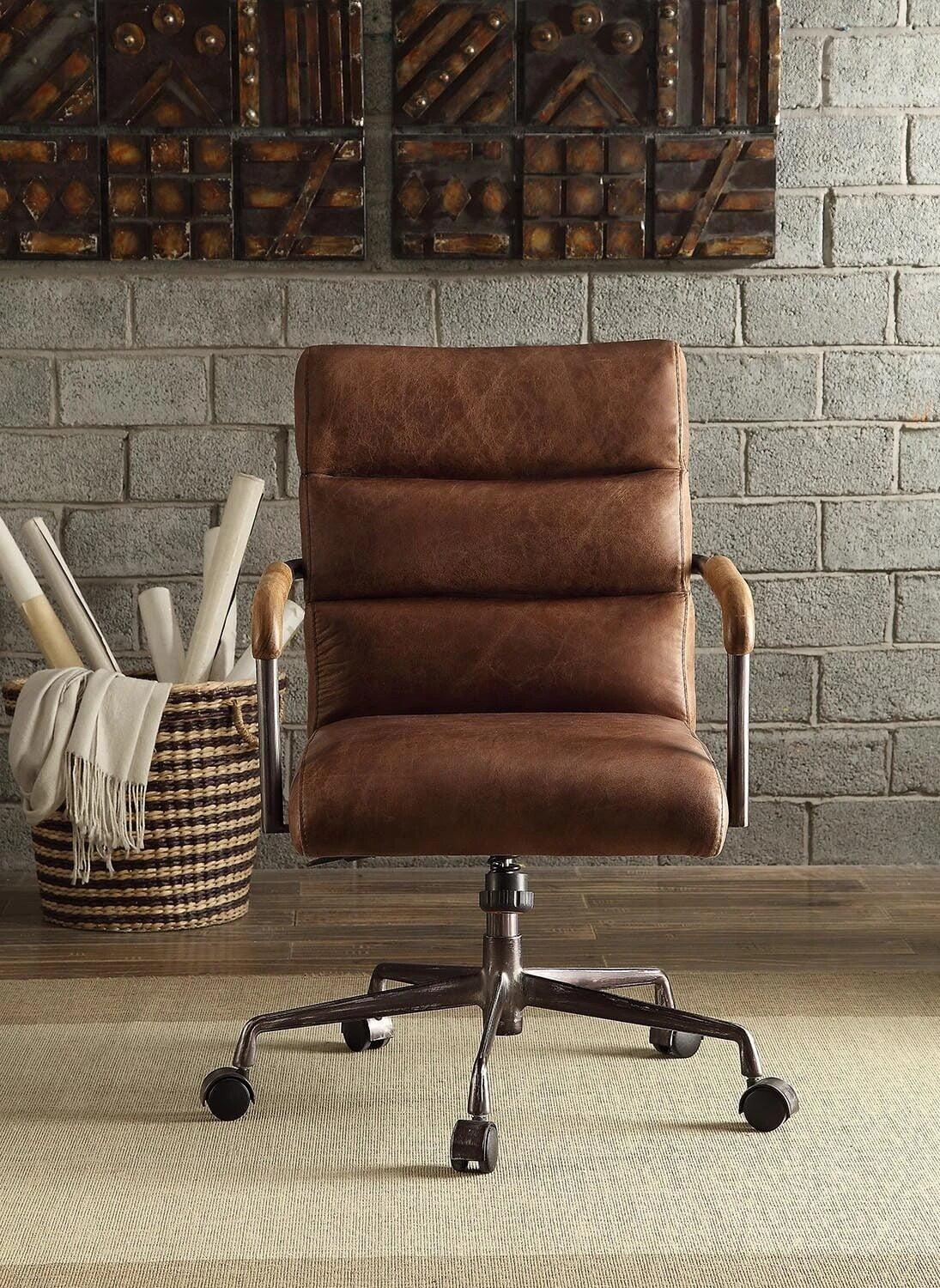 Harith Retro Brown Top Grain Leather Swivel Office Chair