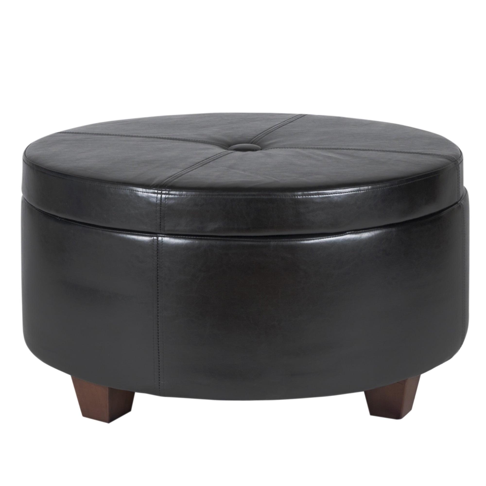Leatherette Single Button Tufted Round Ottoman with Wooden Feet, Large, Black and Brown