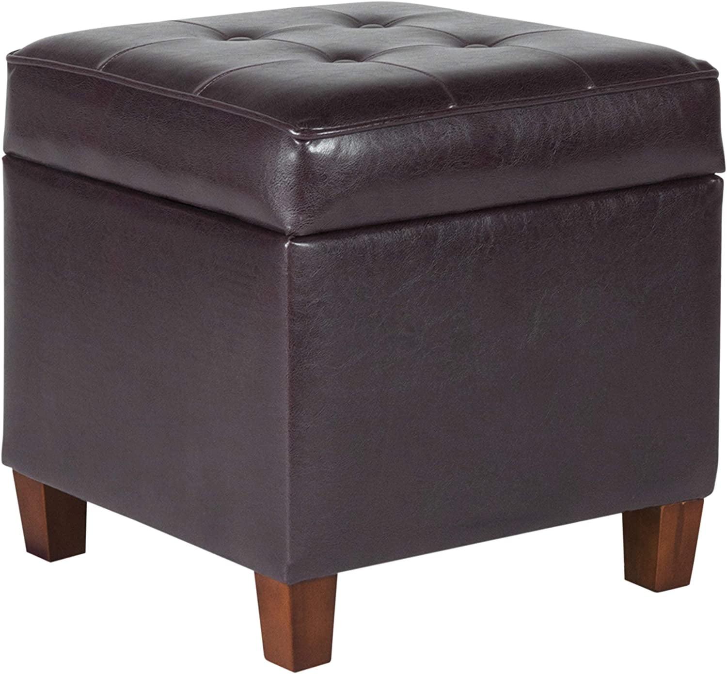 Brown Faux Leather Tufted Storage Ottoman with Hinged Lid