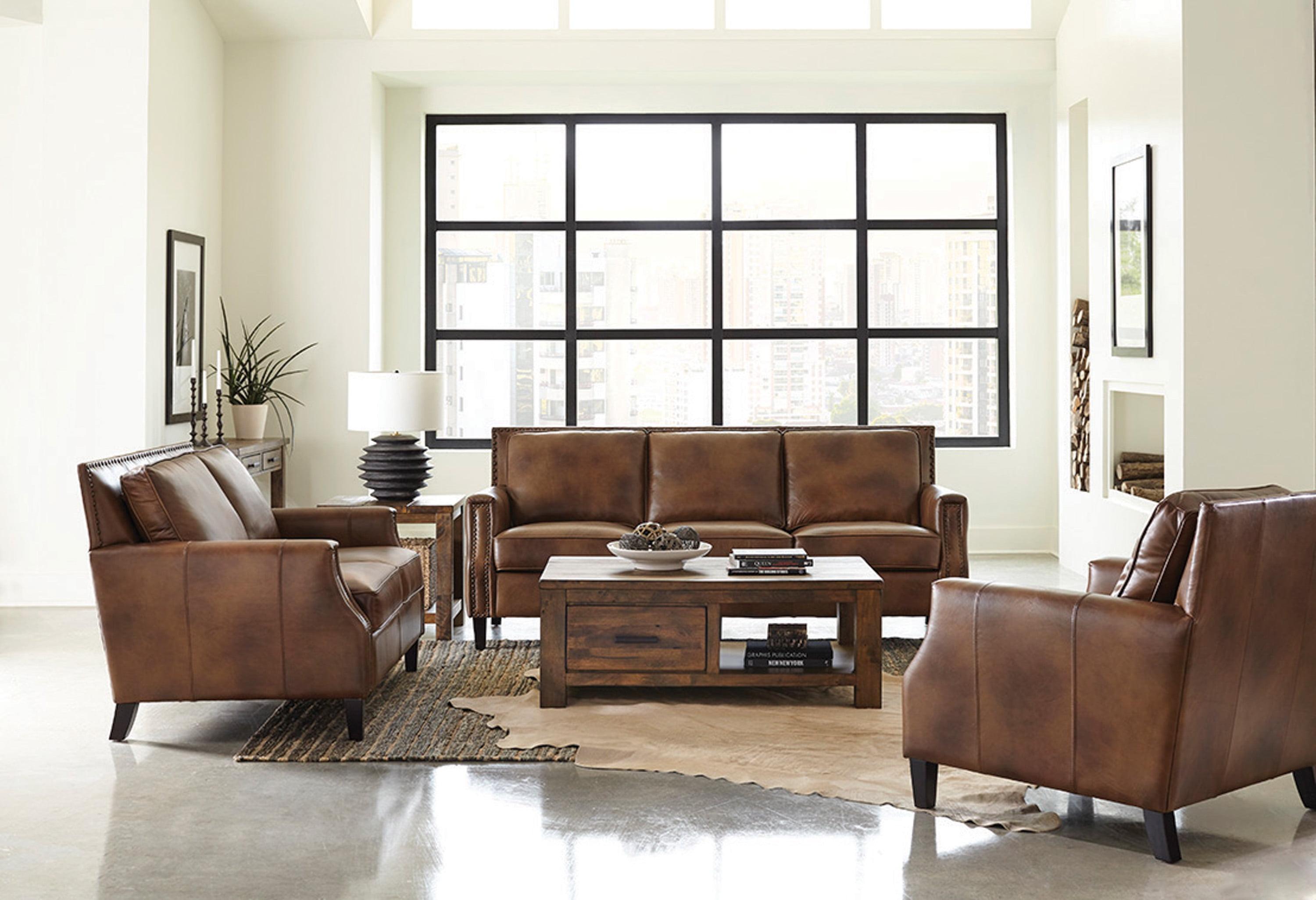 Brown Leather Transitional Accent Chair with Wood Legs