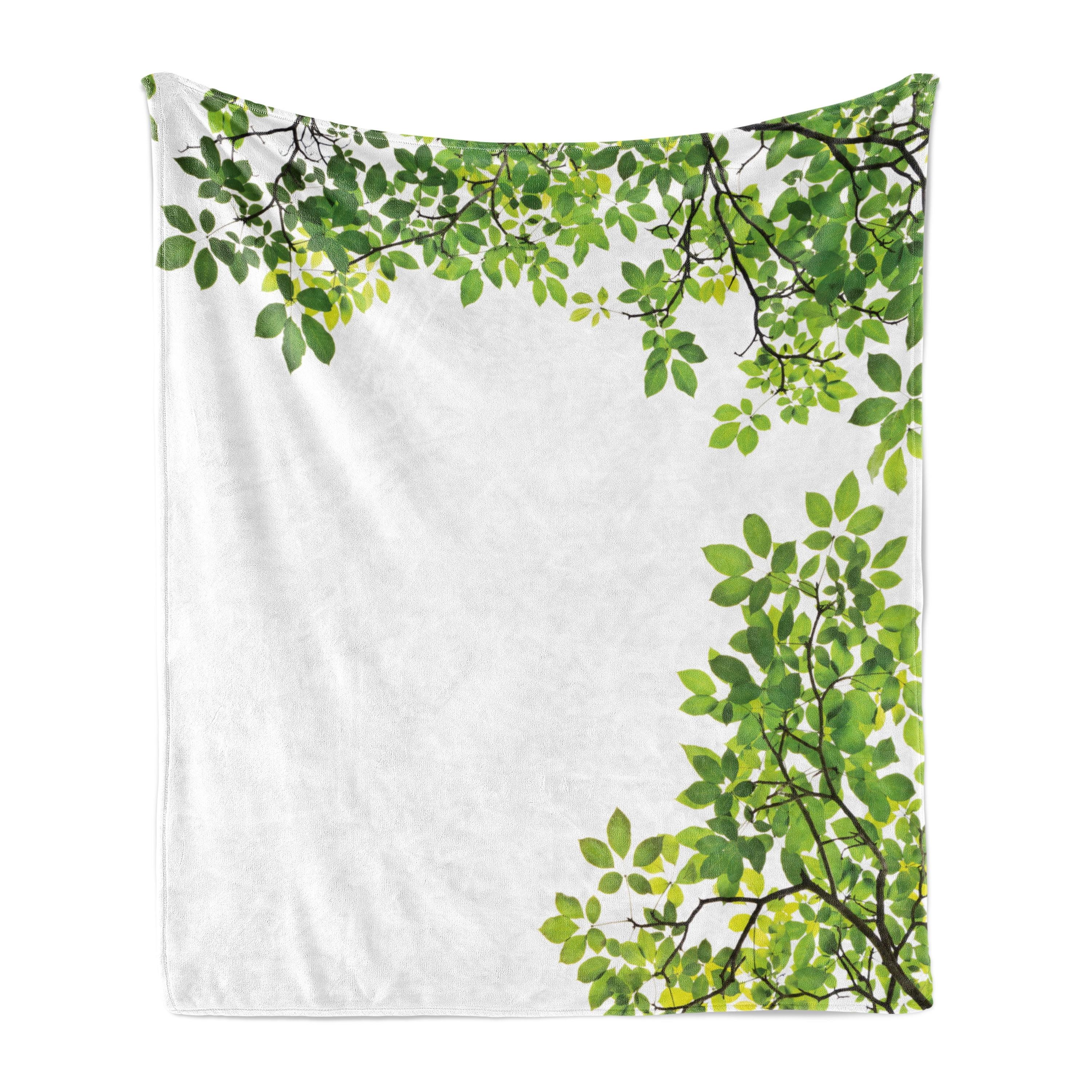 Ambesonne Tree Fleece Throw Blanket Branch with Leaves Nature Art White and Green