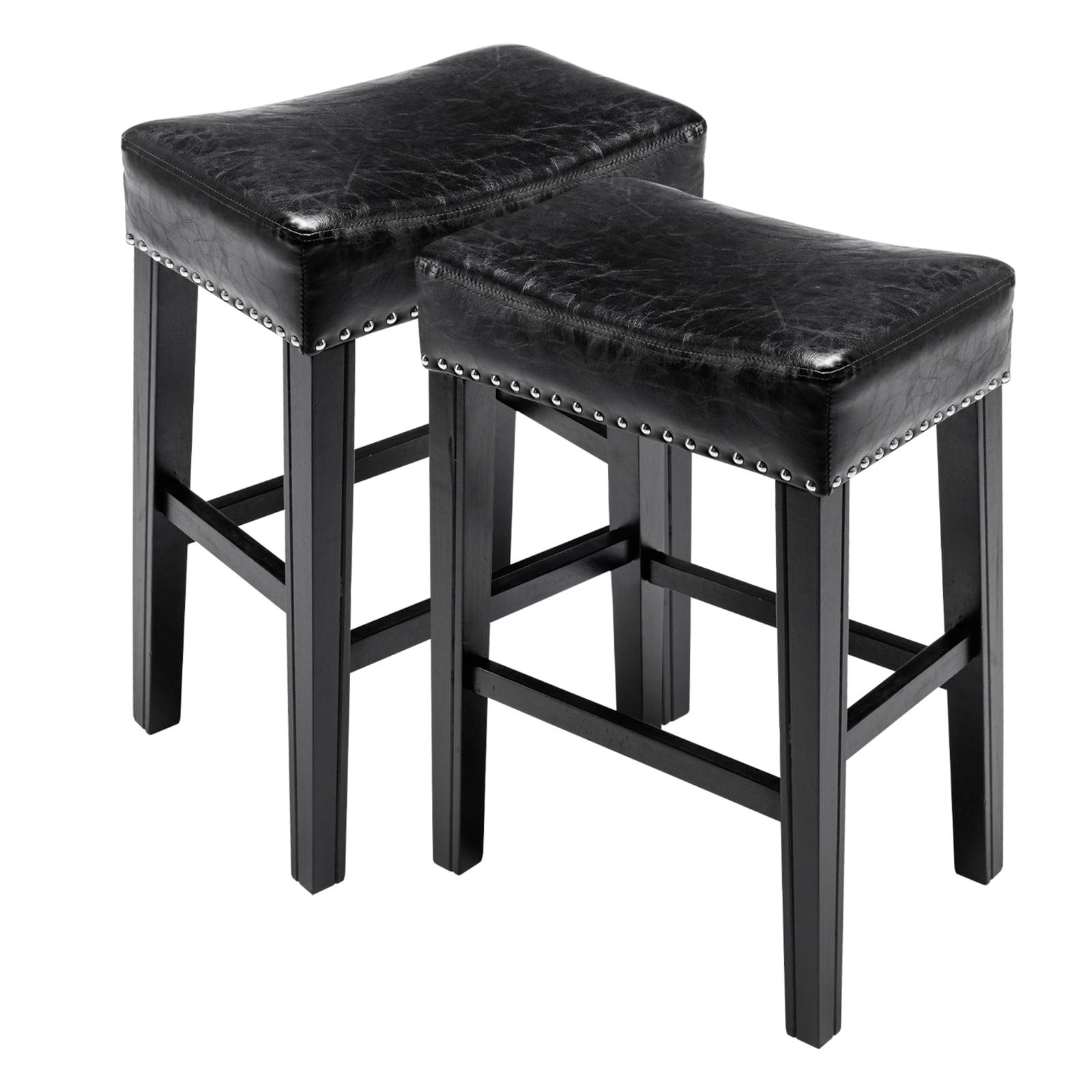 Lecut 26 Inch Wood Saddle Seat Barstool Set of 2 PU Leather Kitchen Counter Stools Nailhead Wood Pub-Height Saddle Stool Black