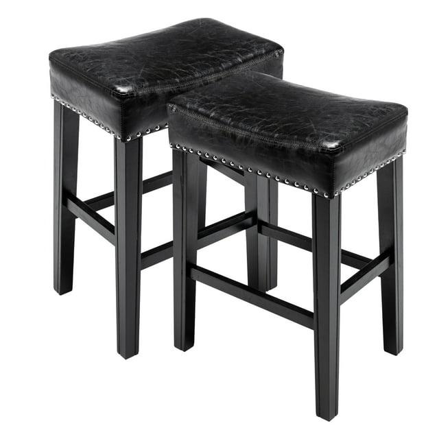 Lecut 26 Inch Wood Saddle Seat Barstool Set of 2 PU Leather Kitchen Counter Stools Nailhead Wood Pub-Height Saddle Stool Black