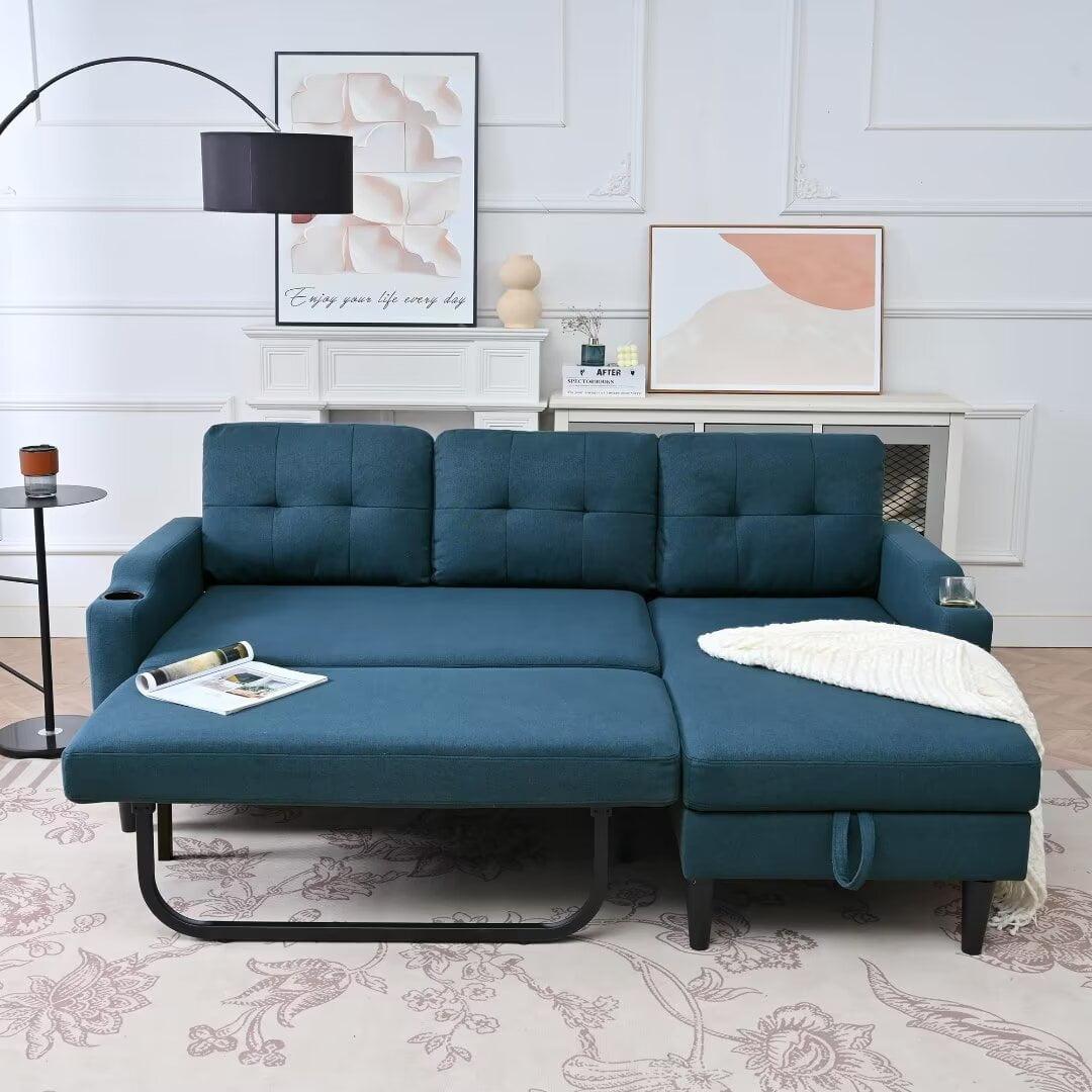 Blue Linen Tufted L-Shaped Sectional Sofa with Storage and Cup Holders