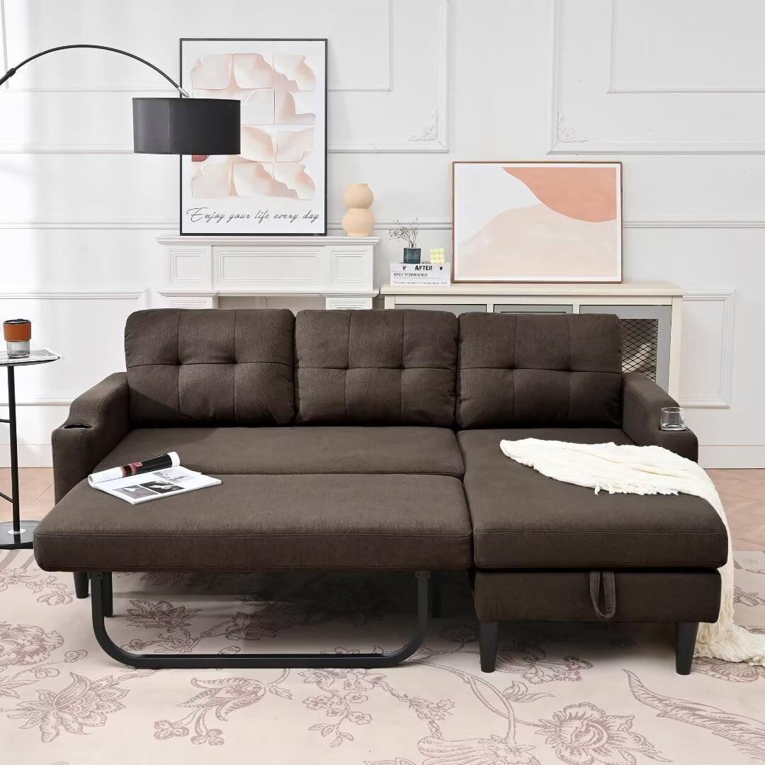 Brown Tufted Linen Fabric Sectional Sofa with Storage and Cup Holders