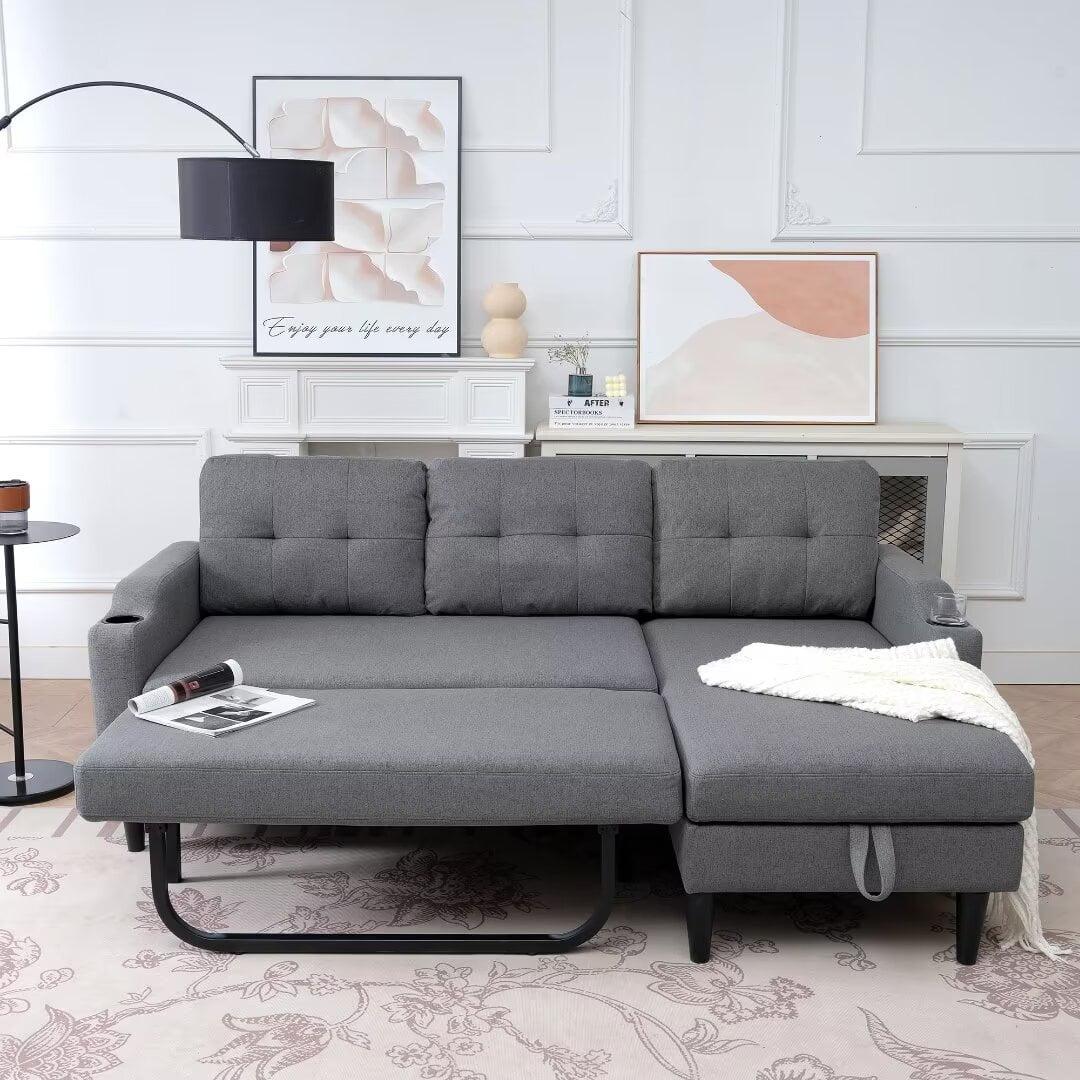 Gray Tufted Linen Fabric L-Shaped Sectional Sofa with Storage