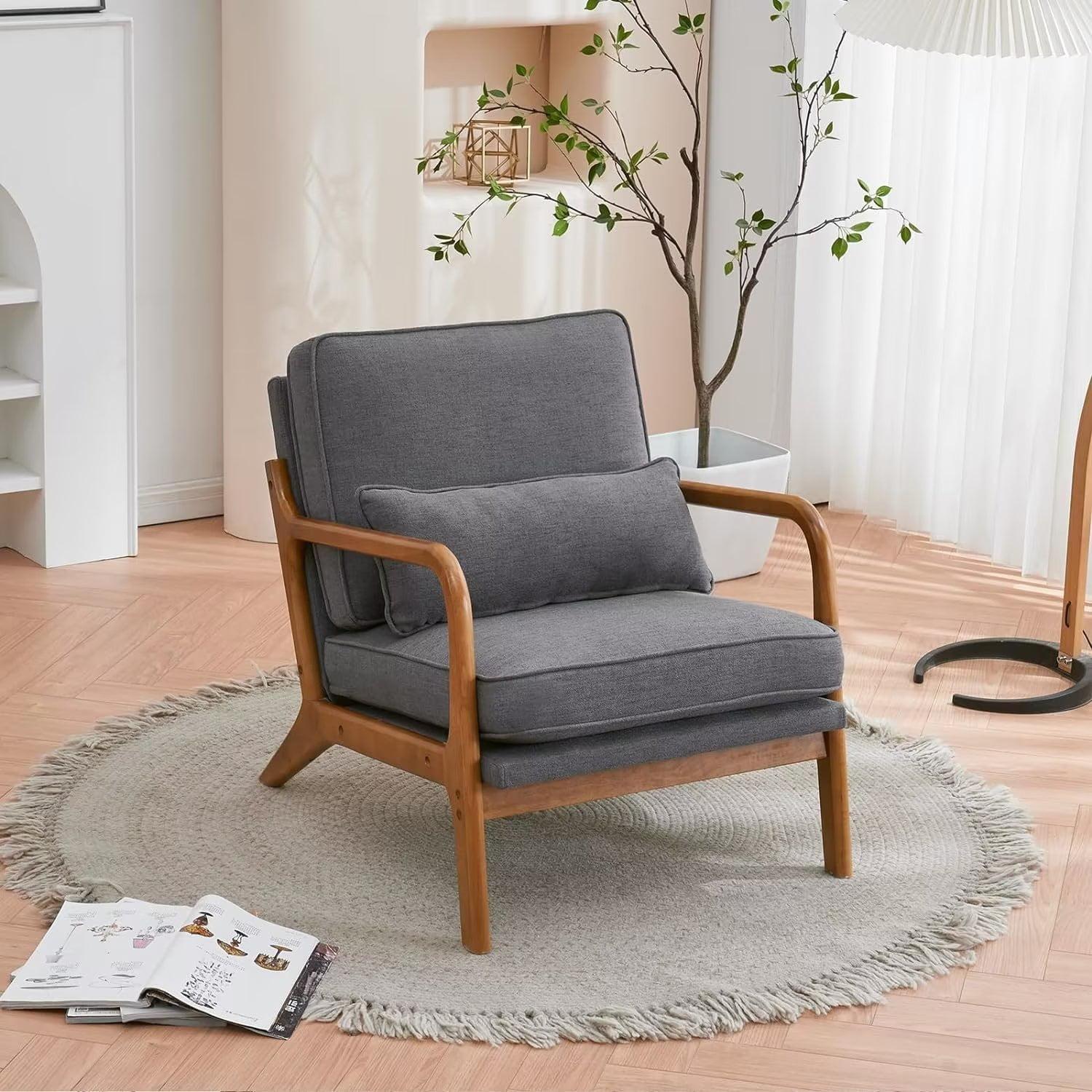 Accent Chair, Mid-Century Linen Fabric Upholstered Leisure Armchair with Lumbar Pillow and Solid Wood Legs, Comfy Single Sofa Chair Reading Chair for Living Room Bedroom Office, Dark Grey