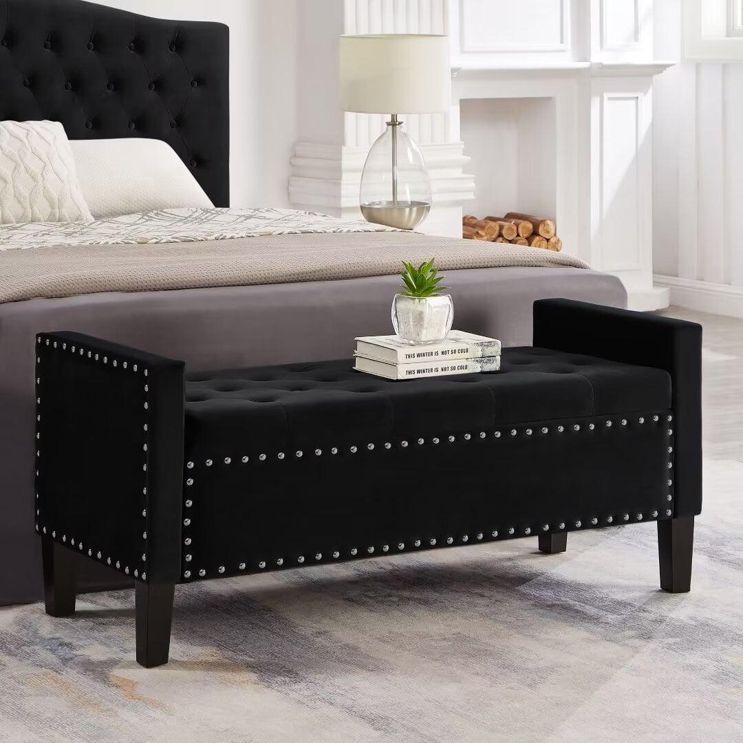 Upholstered Tufted Button Storage Bench with Nails Trim,Velvet Upholstered Entryway Bench Living Room Padded Seat with Armrest,Bed Bench-Cuddlewood