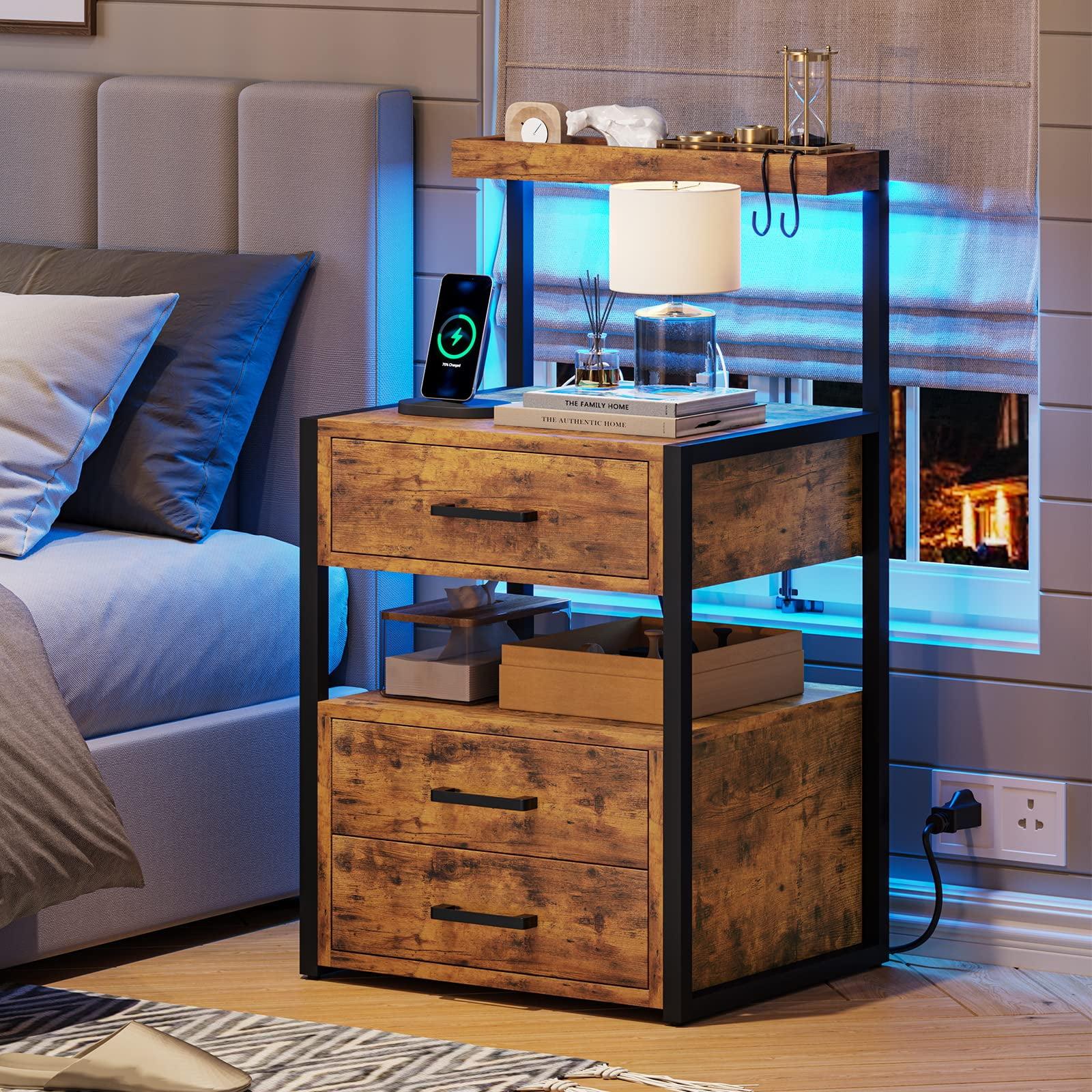 Rustic Brown 3-Drawer Nightstand with LED Lights and Charging Station