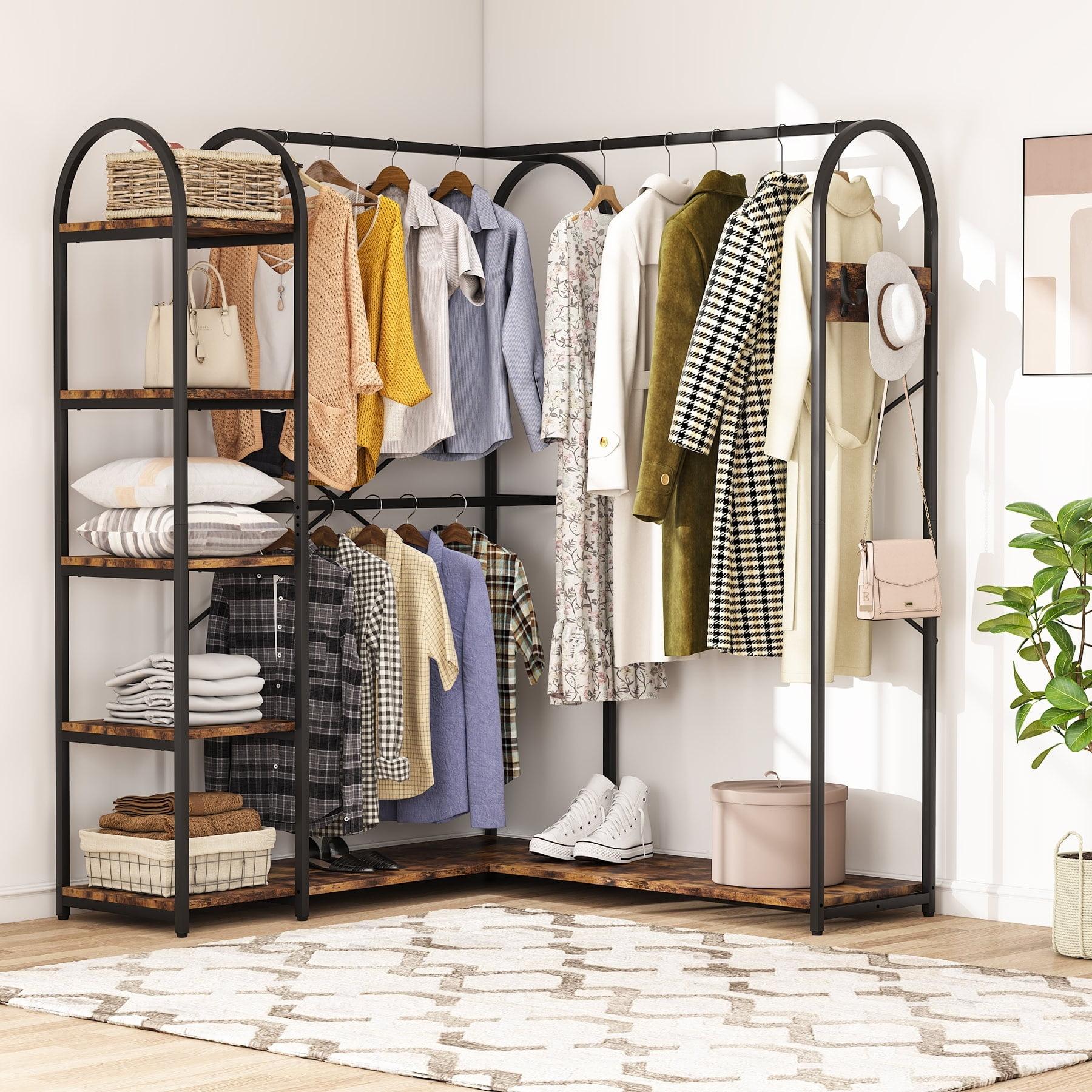 Lee Heavy Duty L Shape Clothes Rack,Freestanding Corner Closet Organizer,Large Garment Rack with Storage Shelves and Hanging Rods