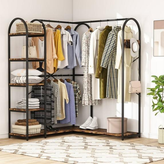 Lee Heavy Duty L Shape Clothes Rack,Freestanding Corner Closet Organizer,Large Garment Rack with Storage Shelves and Hanging Rods