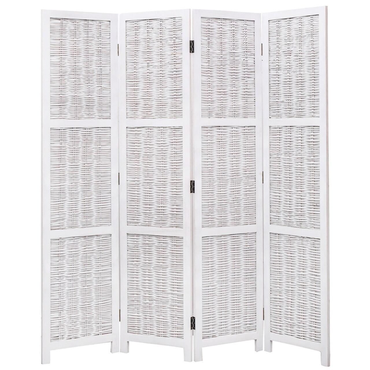 Legacy Decor 4 Panel White Color Wicker and Wood Screen Room Divider