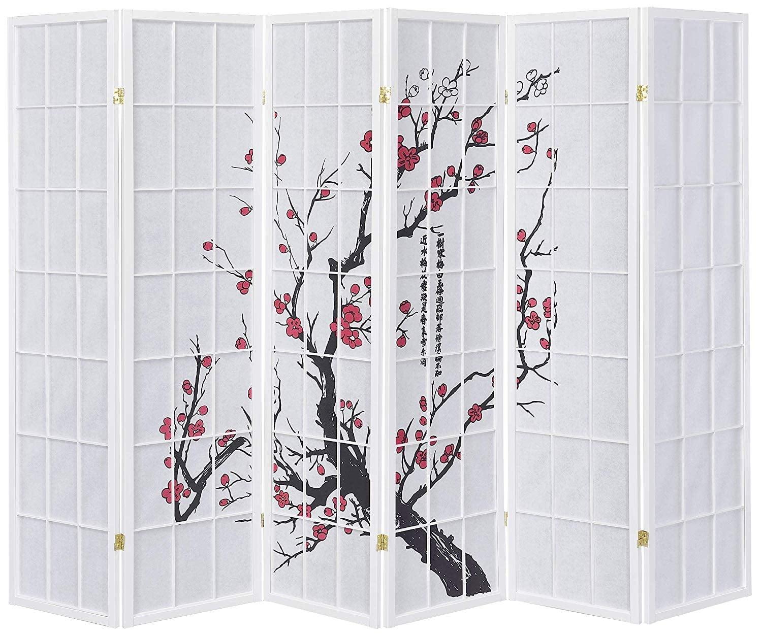 Legacy Decor 6 Panel Room Divider Privacy Screen Panel Blossom Shoji Design White Color
