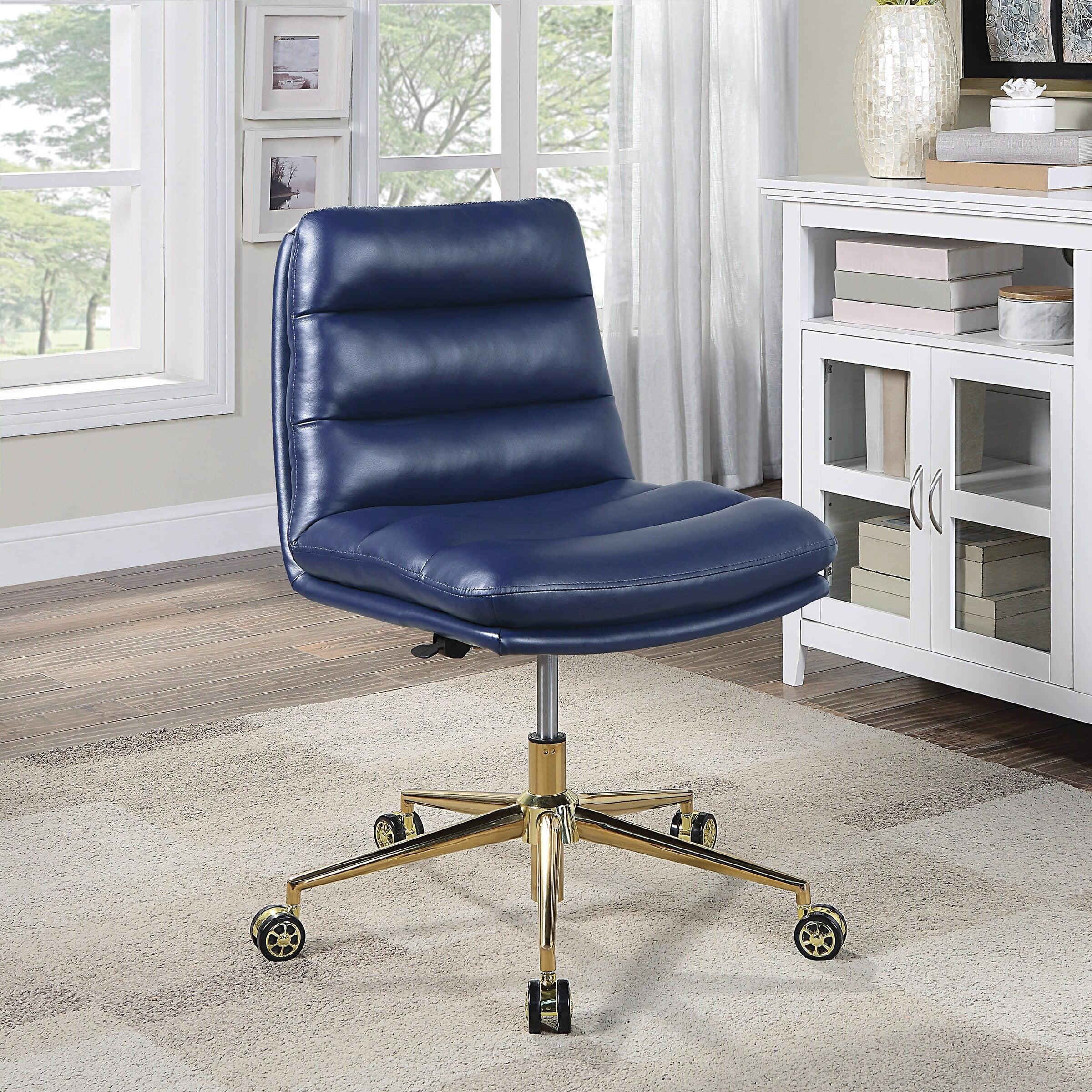 Navy Blue Faux Leather Armless Office Chair with Gold Base