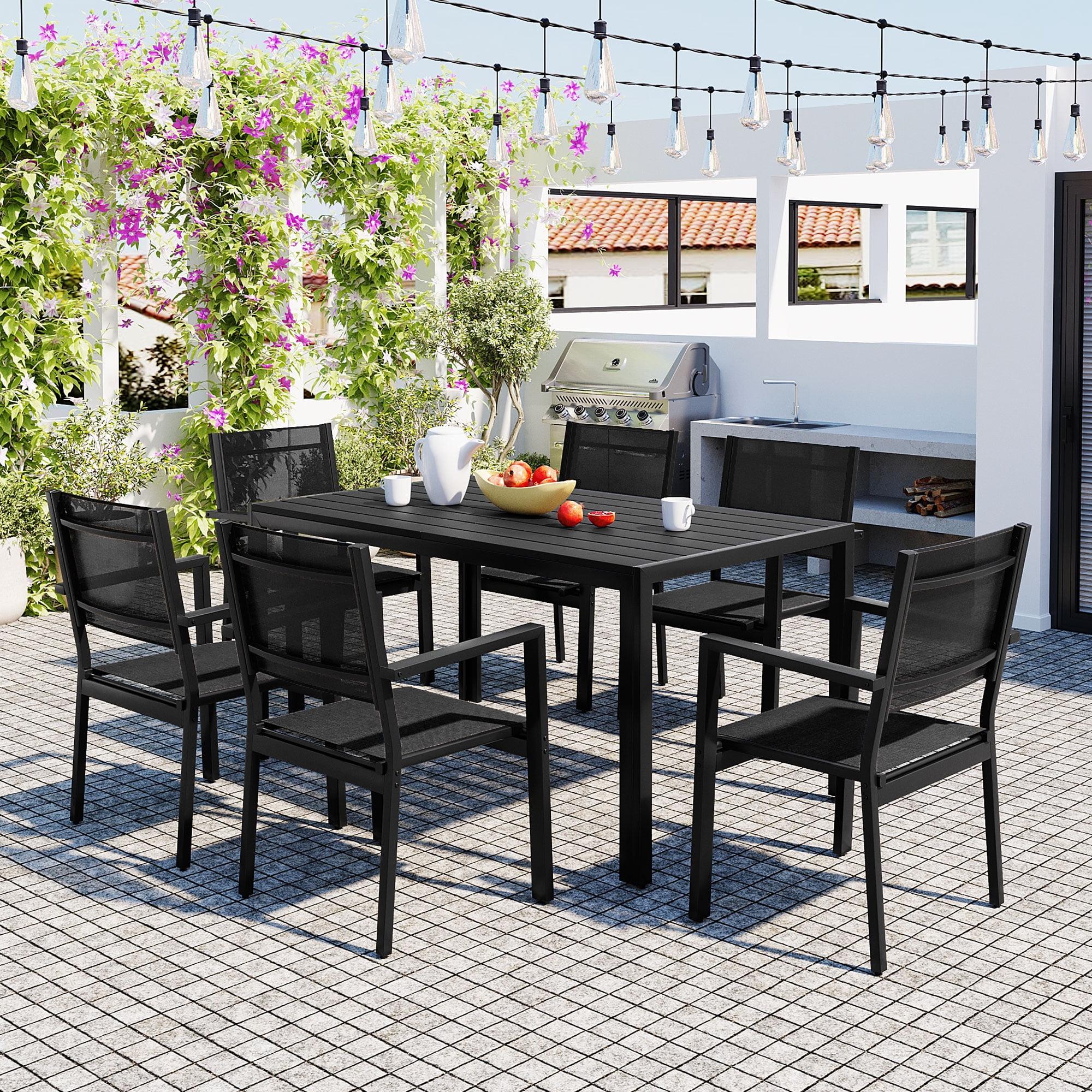 Black Steel 7-Piece Outdoor Dining Set with Cushions