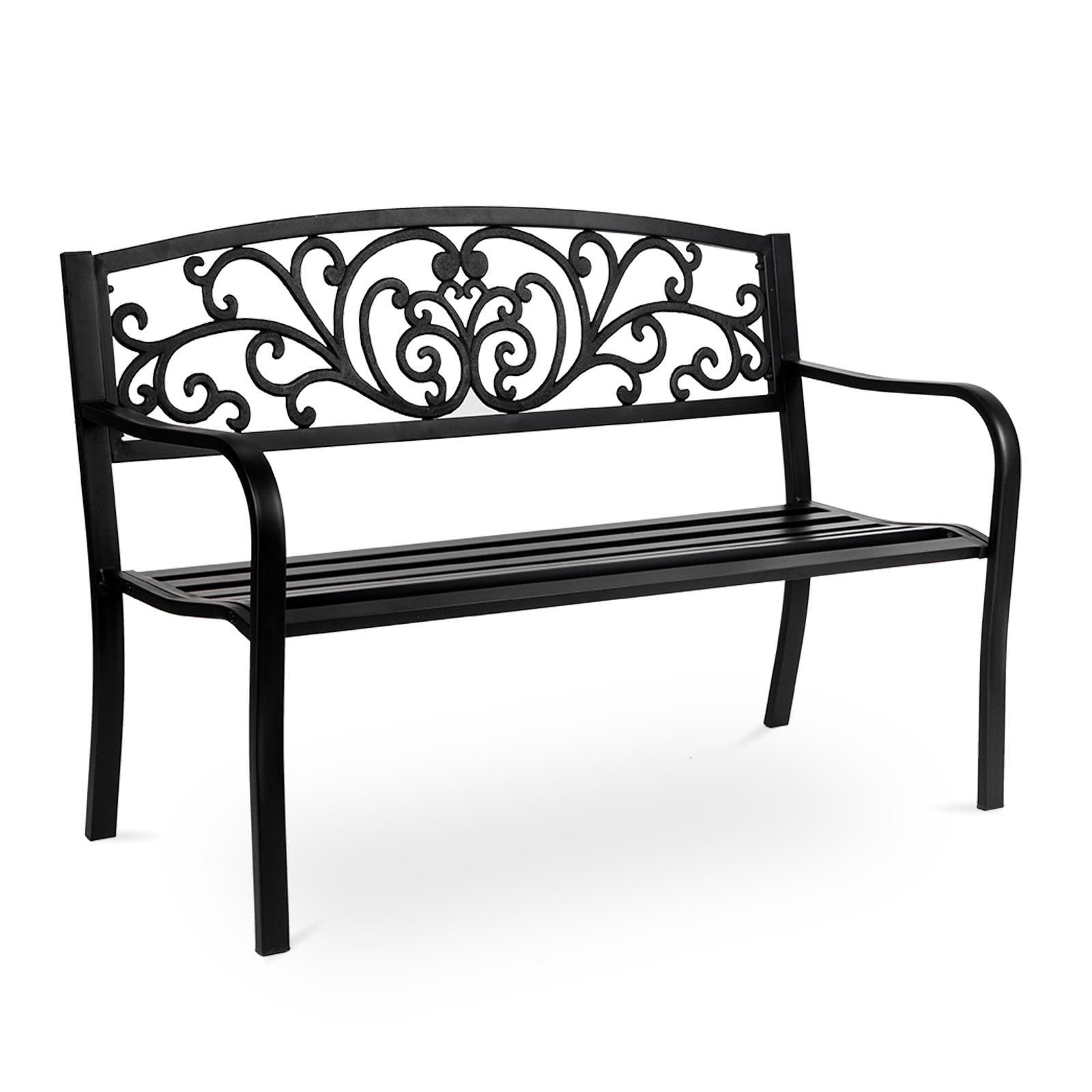 Black Steel Outdoor Bench with Floral Backrest, 52"