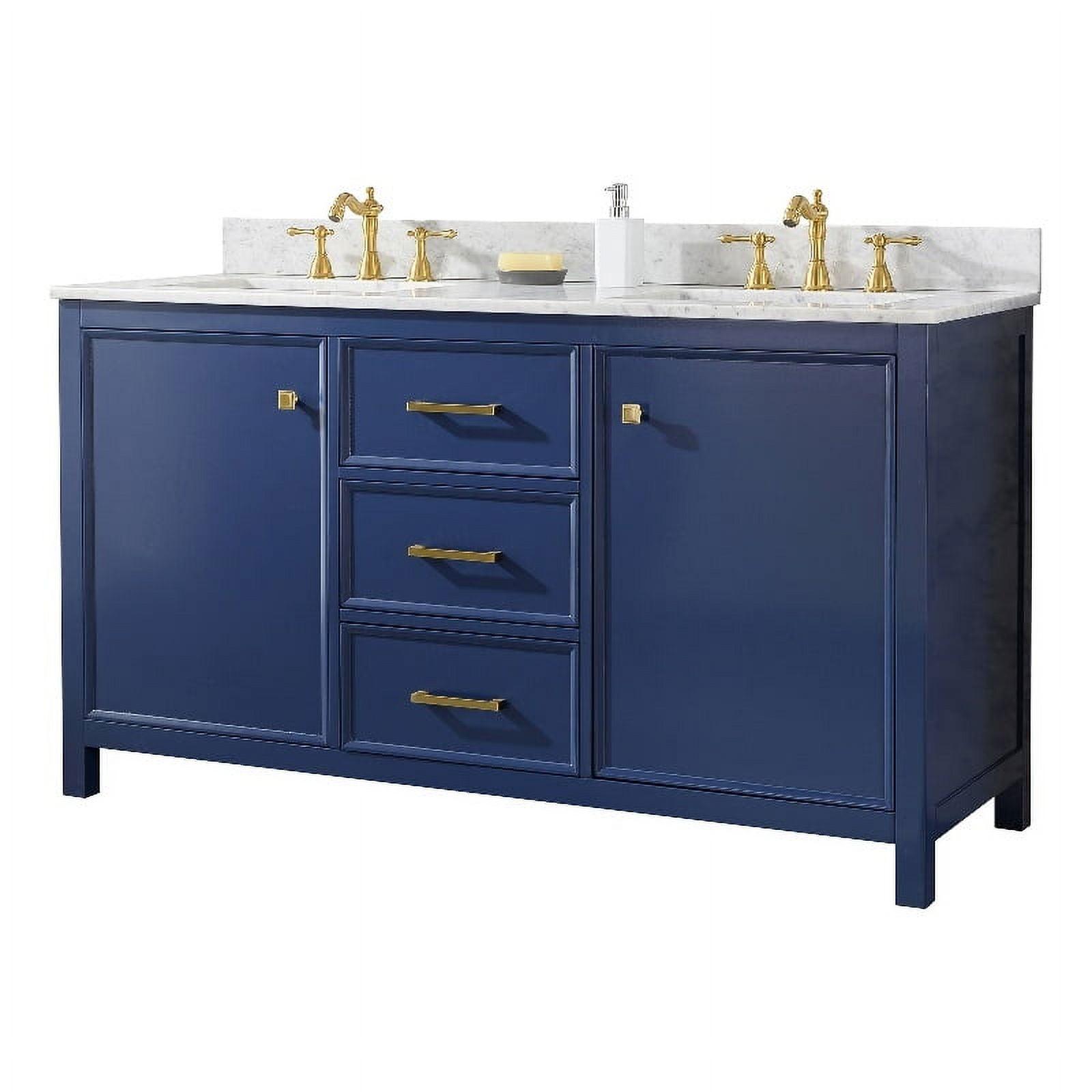 Blue Double Sink Vanity with Carrara Marble Top and Gold Hardware