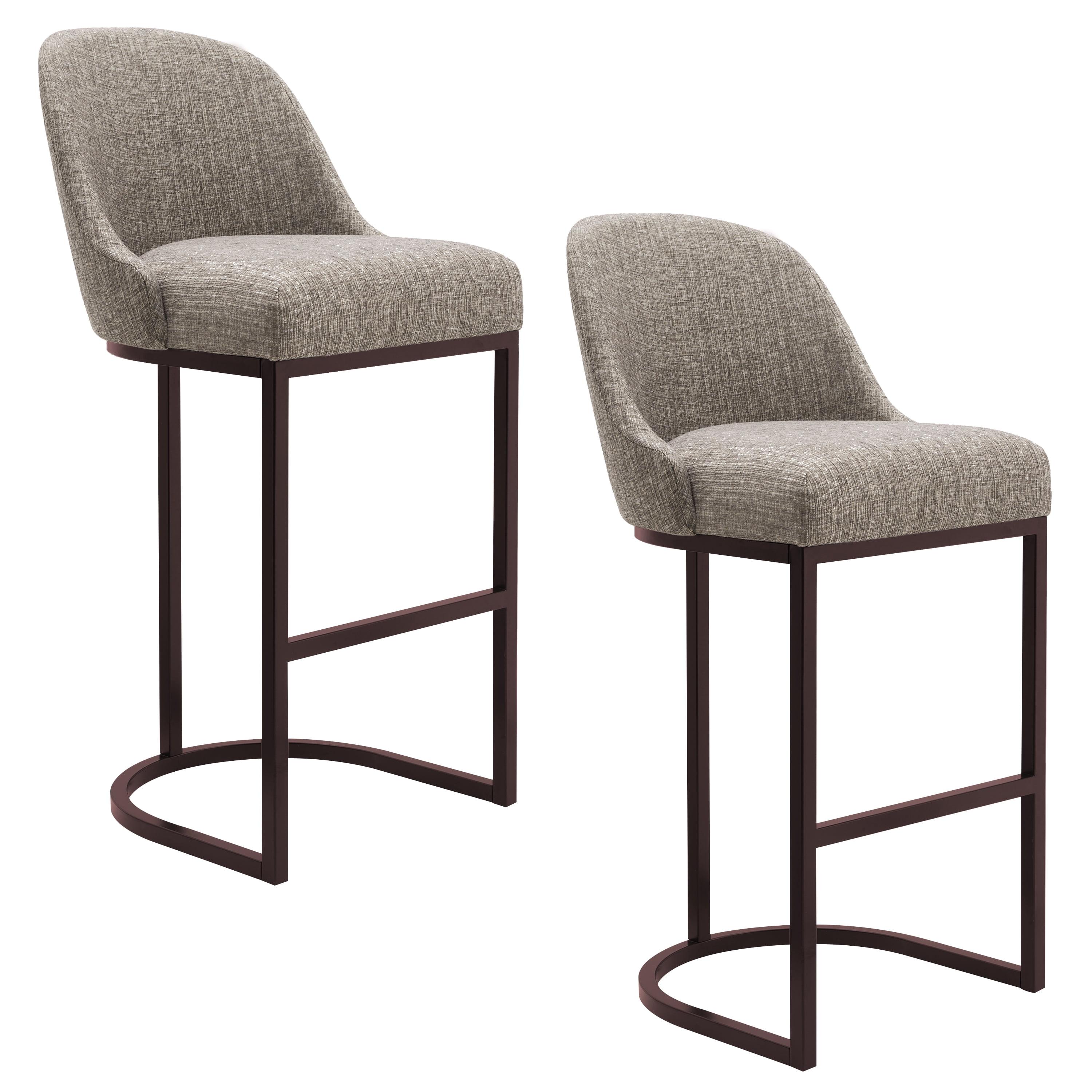 Espresso Metal Base Barrelback Bar Stool with Gray Linen Seat, Set of 2