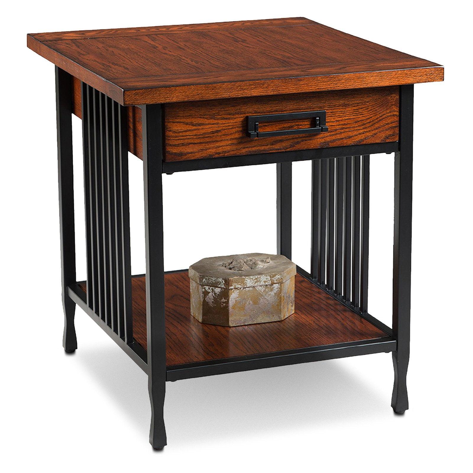 Ironcraft Mission Oak & Matte Black Wood End Table with Drawer