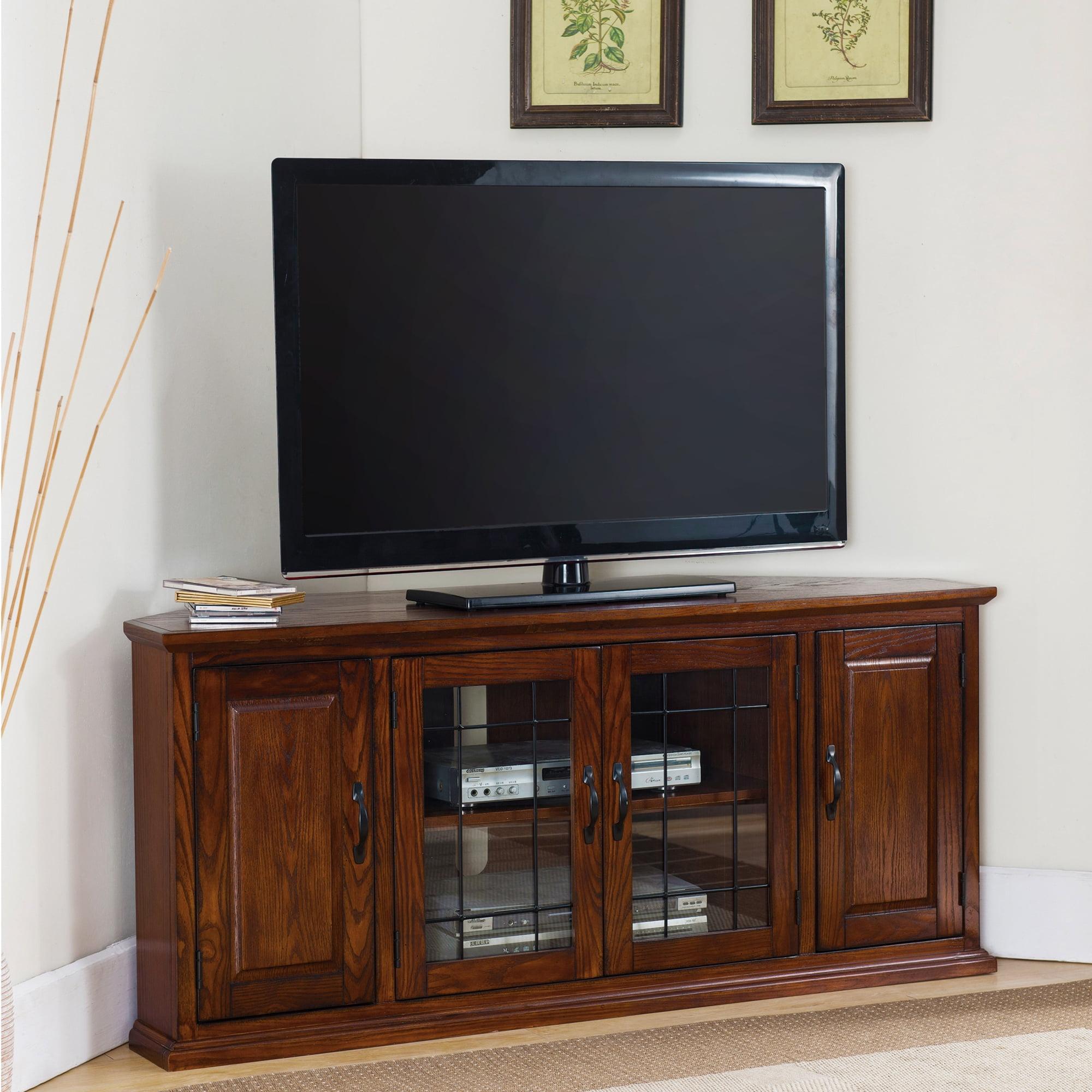 Leick Home 80386 Leaded Glass Corner TV Stand with Enclosed Storage For 60" TV's, Burnished Oak