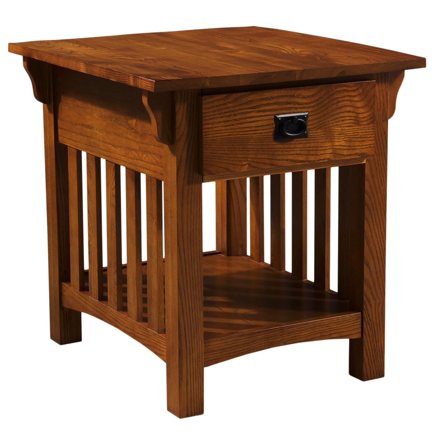 Medium Oak Wood Rectangular End Table with Storage