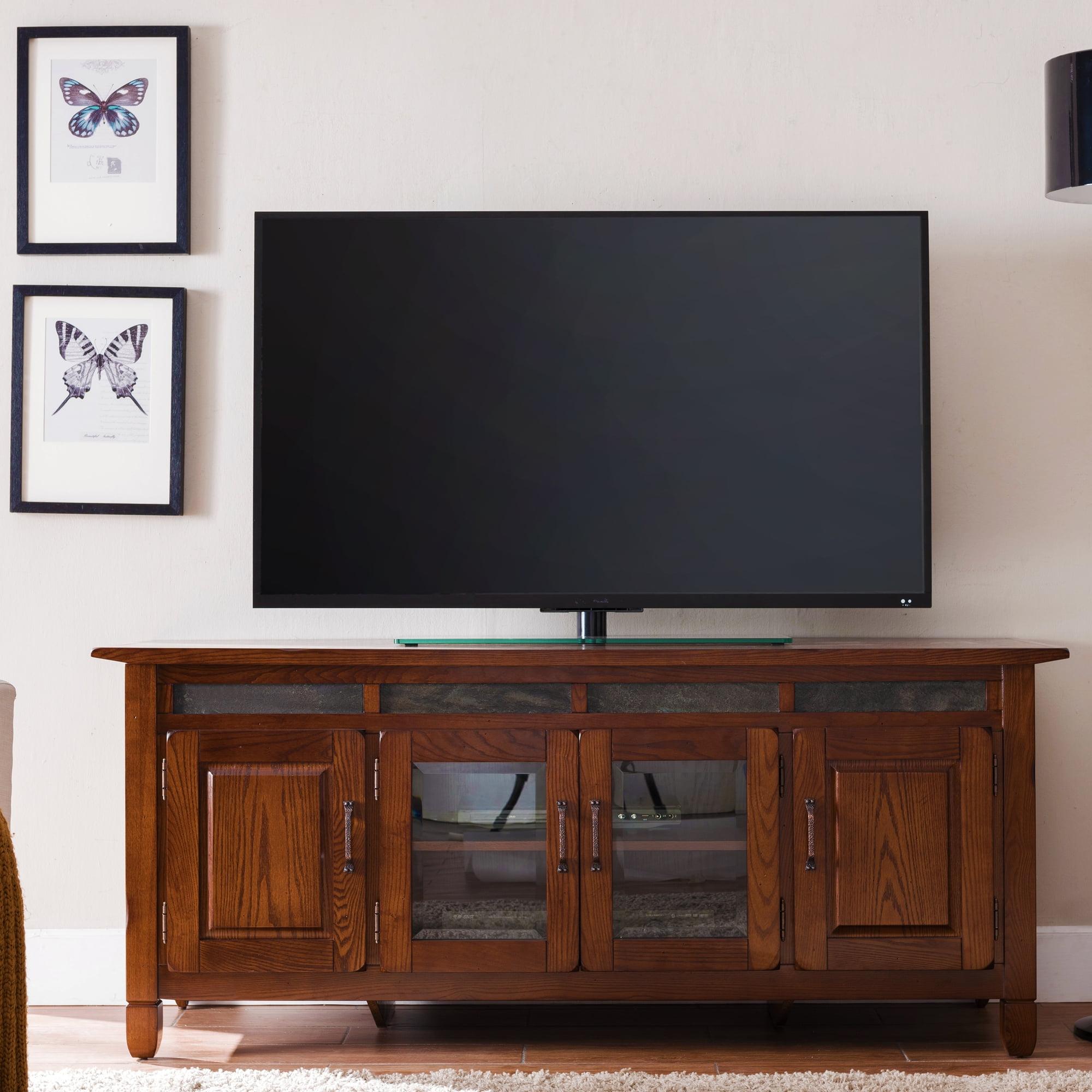 Leick Home 89360 Rustic Oak TV Stand with Slate Tiles and Enclosed Storage For 65" TV, Distressed Rustic Autumn