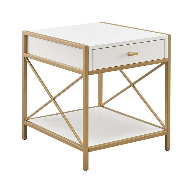 Leick Home Claudette Mixed Metal and Wood 1-Drawer End Table with Shelf, White/Gold
