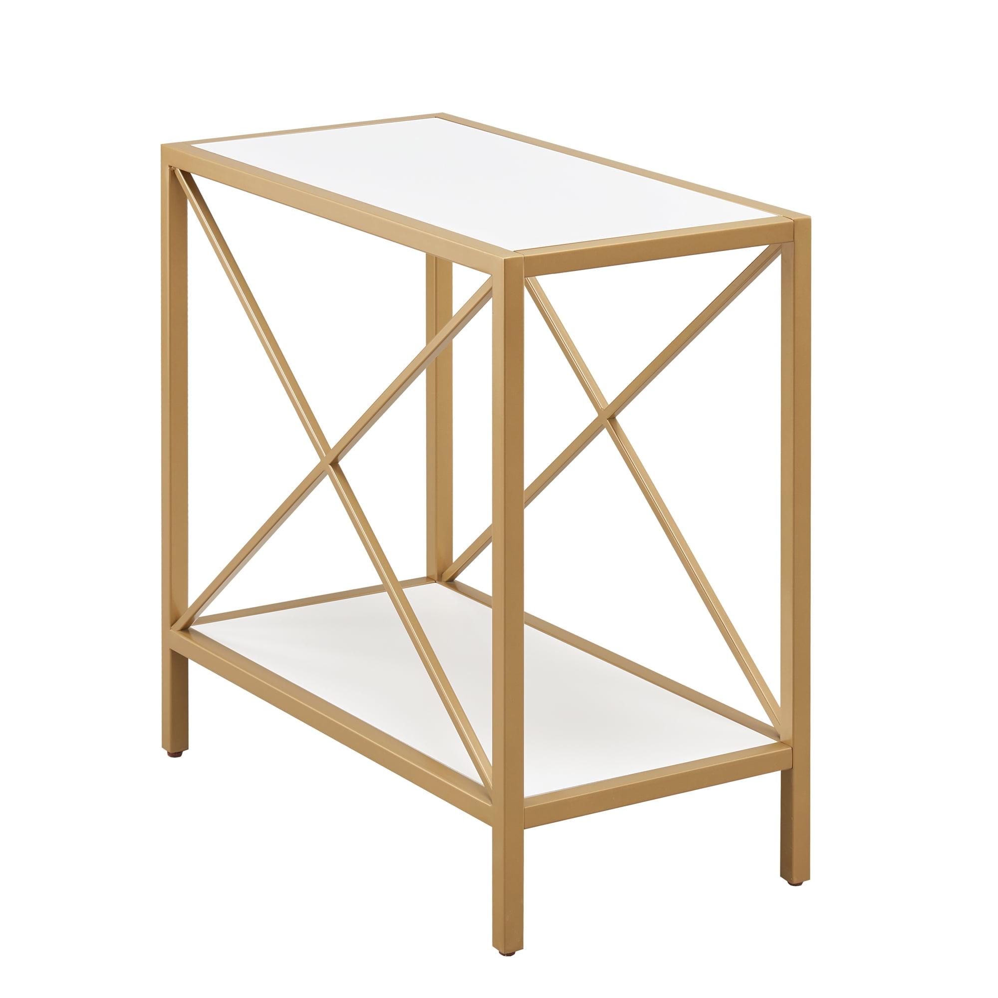 Narrow White and Gold Metal Frame Wood Top End Table