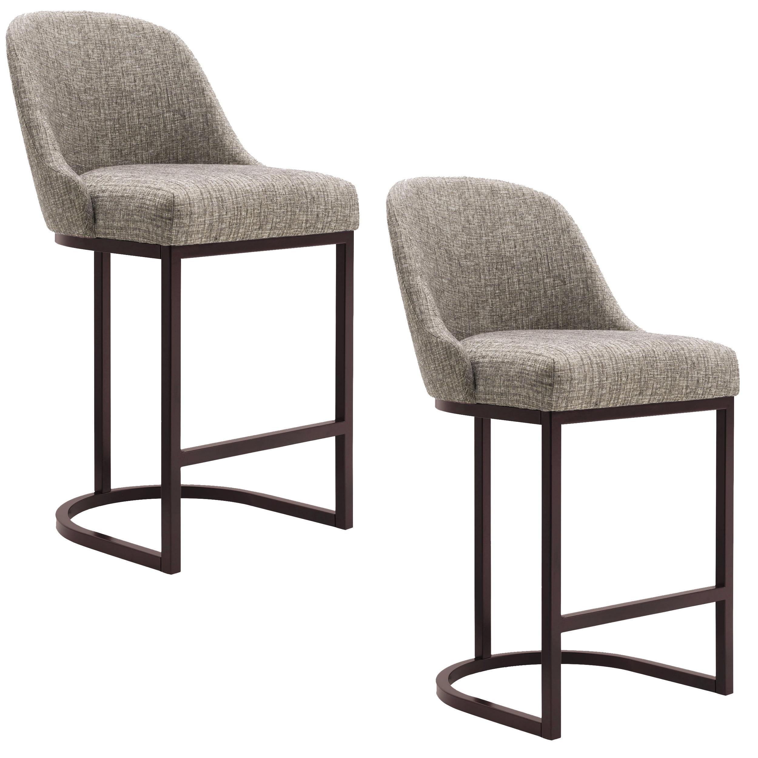 Leick Home Set of 2 Barrelback Counter Height Barstool with Metal Base Espresso/Gray Linen: Upholstered, Steel Legs, Modern Style