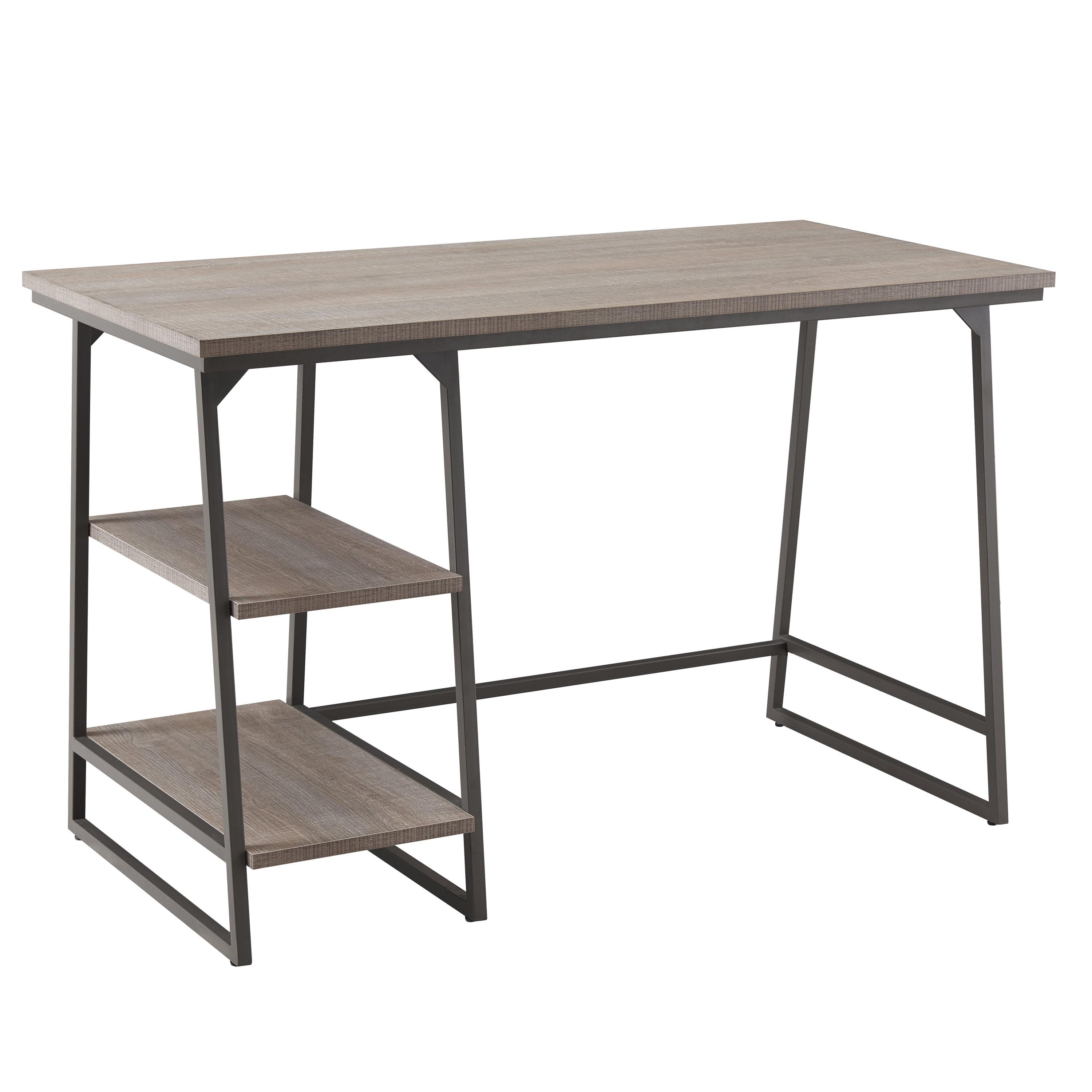 Design House Roughsawn Oak Desk with Gunmetal Frame and Tiered Shelves