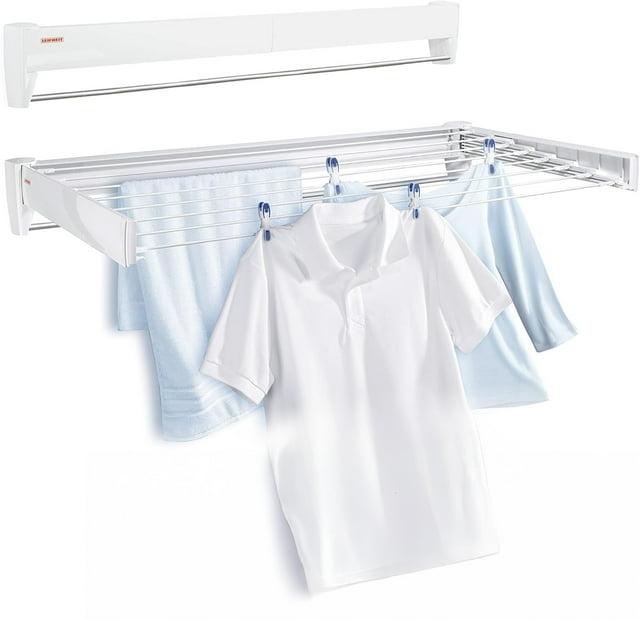 Leifheit Telefix 100 Wall-Mounted Retractable Clothes Drying Rack with 8 Rods, 26 ft. of Drying Space & Sleek Design for Laundry or Dorm Rooms, White