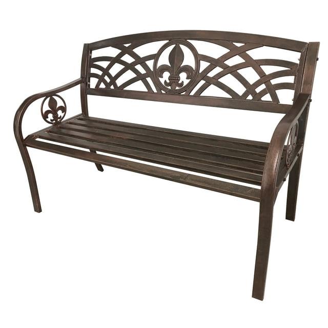 Leigh Country Outdoor Metal Patio Bench with Fleur-De-Lis - Bronze
