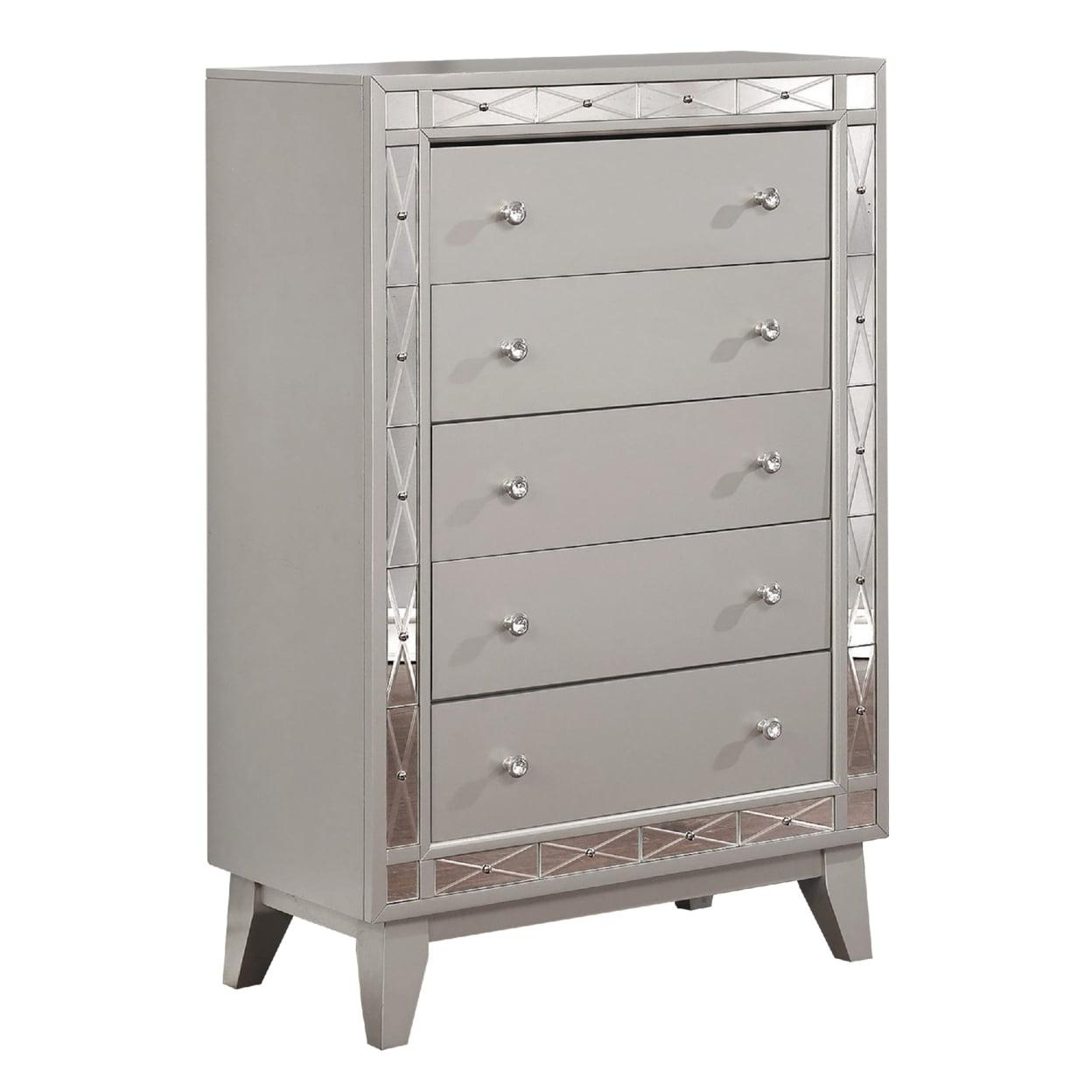 Transitional Glam 5-Drawer Chest in Sparkling Gray Mercury Finish