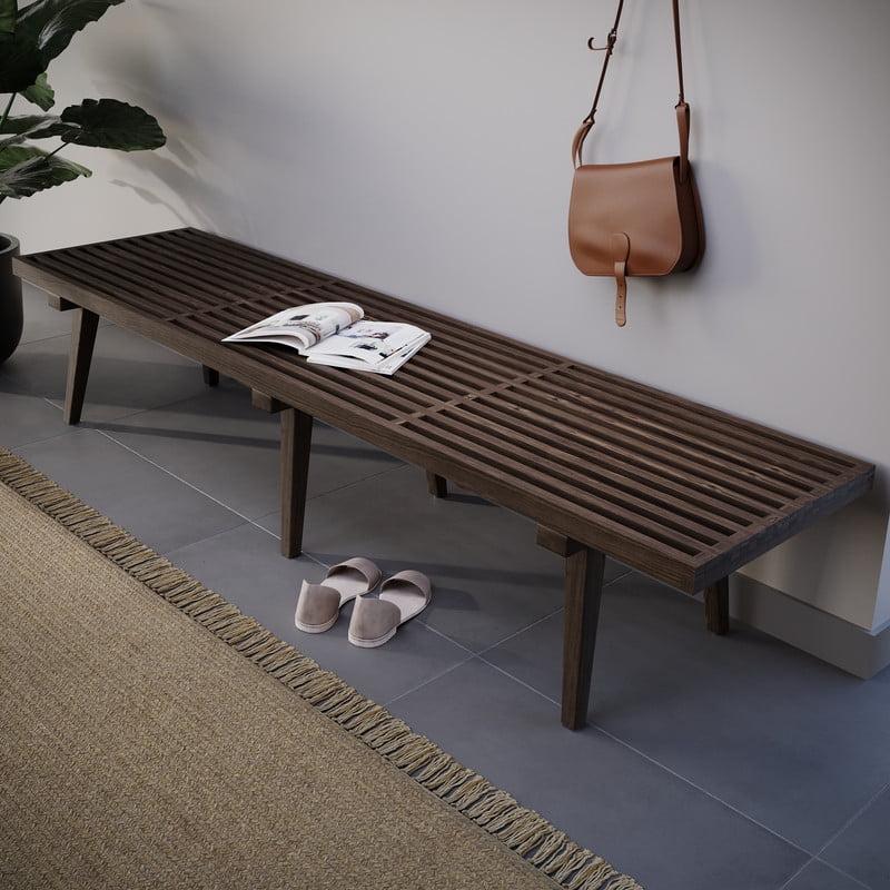LeisureMod 72" Mid-Century Modern Slatted Wood Entry Bench, Indoor Accent Seating for Hallway or Bedroom