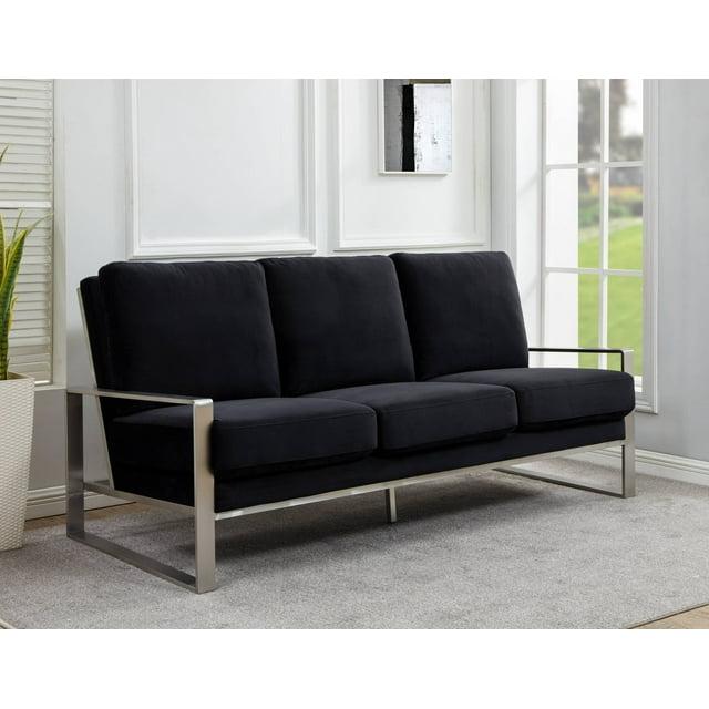 LeisureMod Accent Arm Chair Upholstered in Velvet with Brushed Silver Stainless Steel Frame and Removable Cushions Jefferson Collection in Black