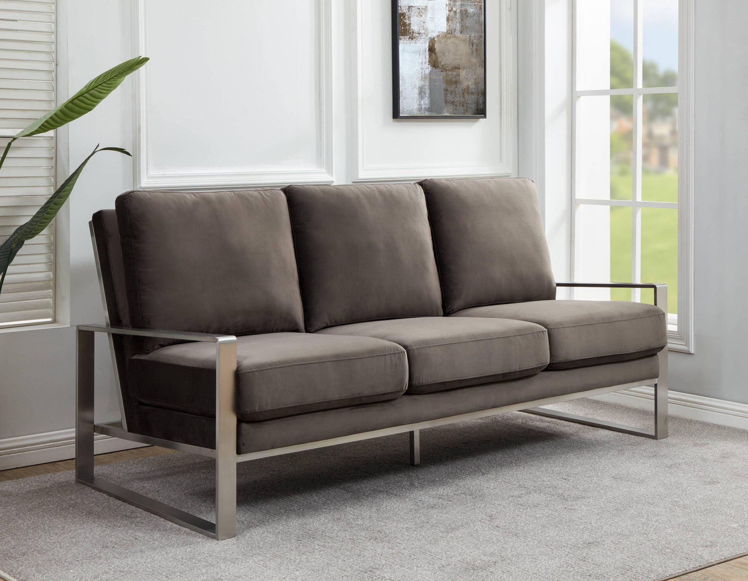LeisureMod Accent Arm Chair Upholstered in Velvet with Brushed Silver Stainless Steel Frame and Removable Cushions Jefferson Collection in Dark Grey