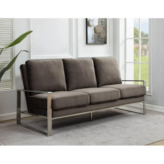 LeisureMod Accent Arm Chair Upholstered in Velvet with Brushed Silver Stainless Steel Frame and Removable Cushions Jefferson Collection in Dark Grey