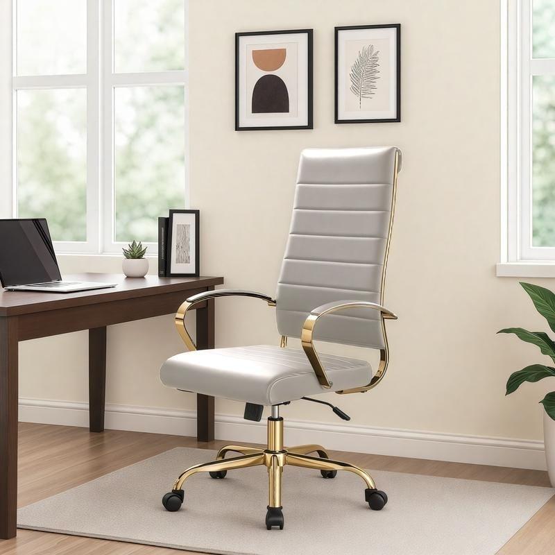 Everly Quinn Humairaa Leather Office Chair – Executive Task Chair with Swivel, Adjustable Height & Gold Base for Home Office or Conference Room