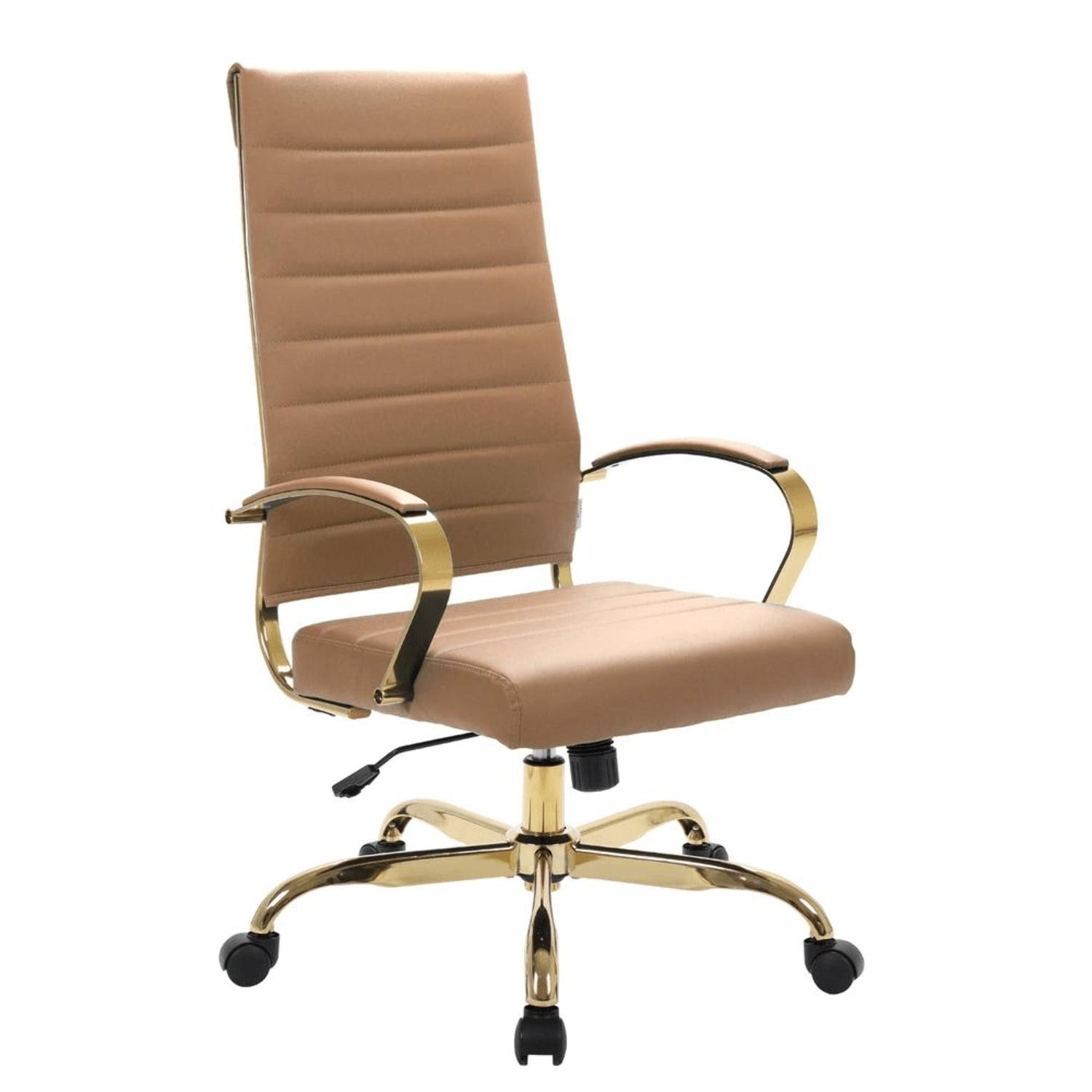 LeisureMod Benmar High-Back Leather Office Chair With Gold Frame in Light Brown