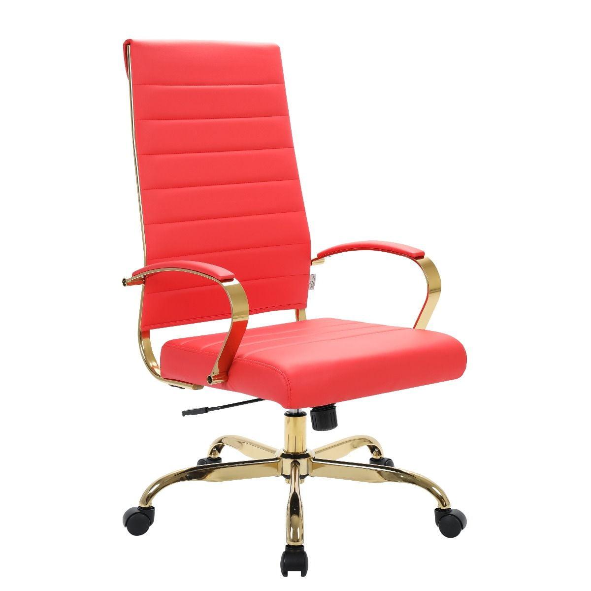 LeisureMod Benmar High-Back Mid-Century Modern Swivel Leather Office Chair With Gold Frame in Red