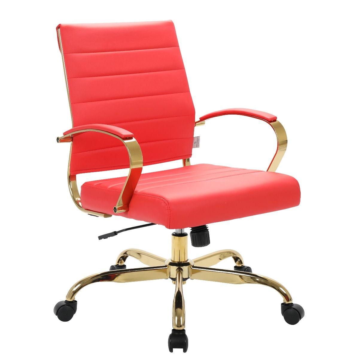 Mid-Century Red Leather Swivel Office Chair with Gold Metal Frame