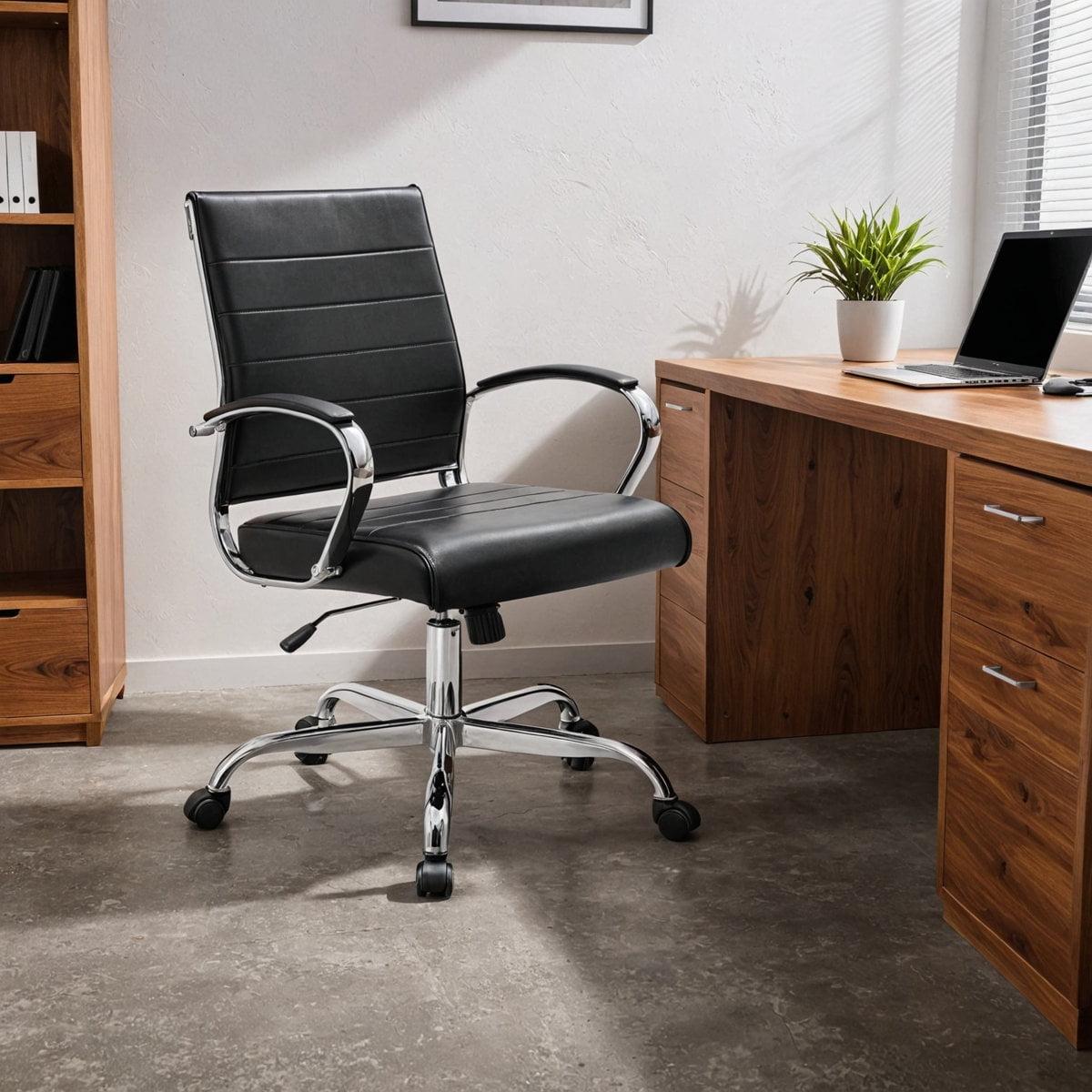 LeisureMod Benmar Mid-Back Office Conference Chair Upholstered in Leather with Swivel and Tilt in Black