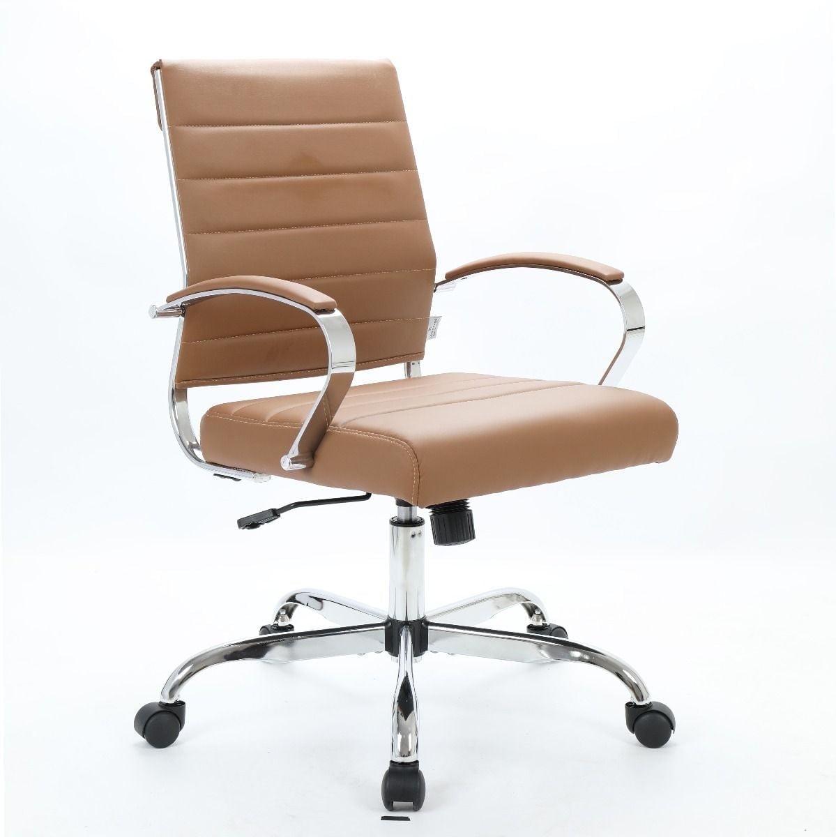 LeisureMod Benmar Mid-Back Office Conference Chair Upholstered in Leather with Swivel and Tilt in Brown