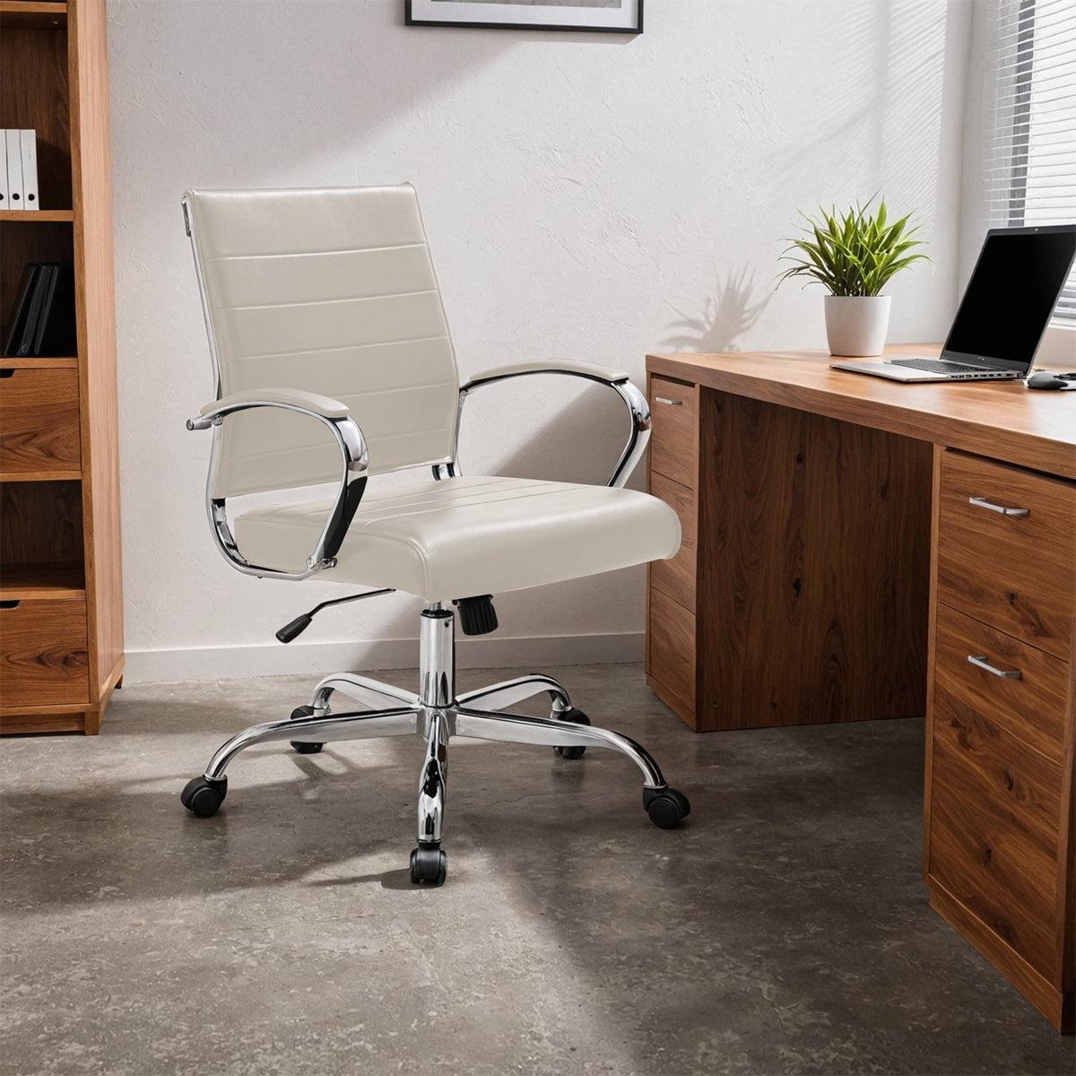 LeisureMod Benmar Mid-Back Office Conference Chair Upholstered in Leather with Swivel and Tilt in Tan